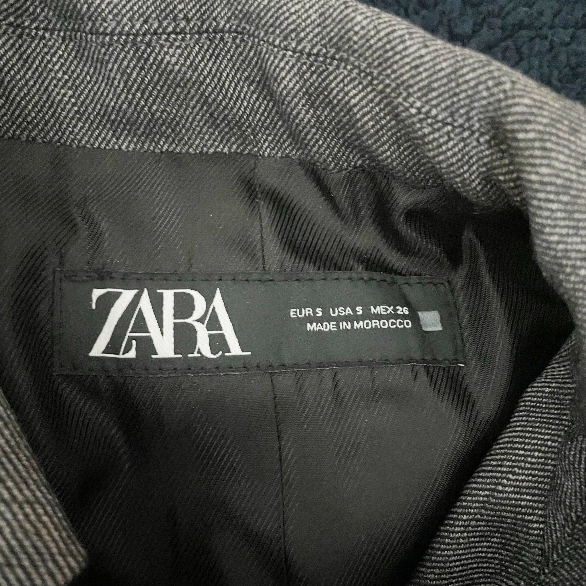 Zara Women's Cotton Blend Collared Button Front Cropped Blazer Jacket Gray Small