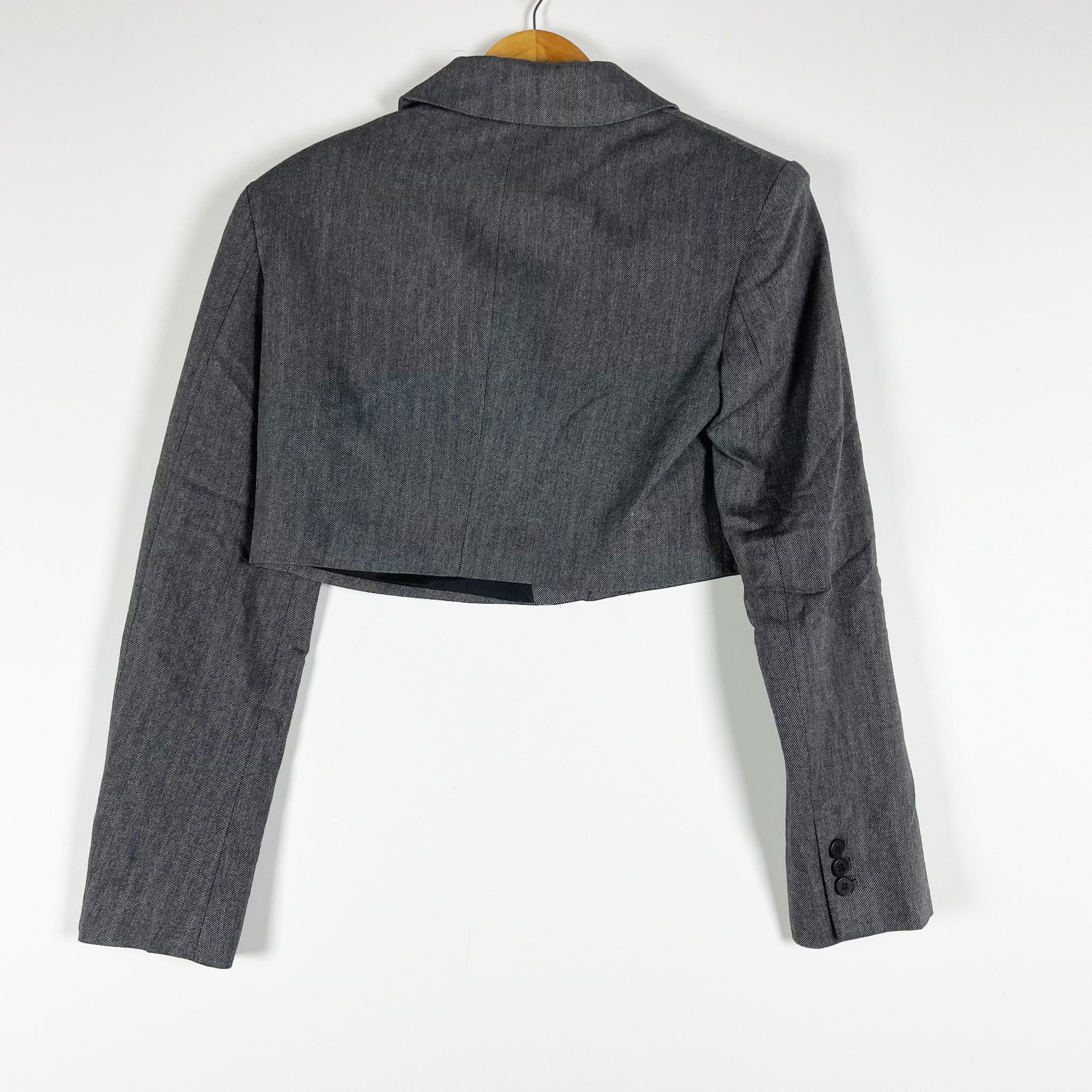 Zara Women's Cotton Blend Collared Button Front Cropped Blazer Jacket Gray Small