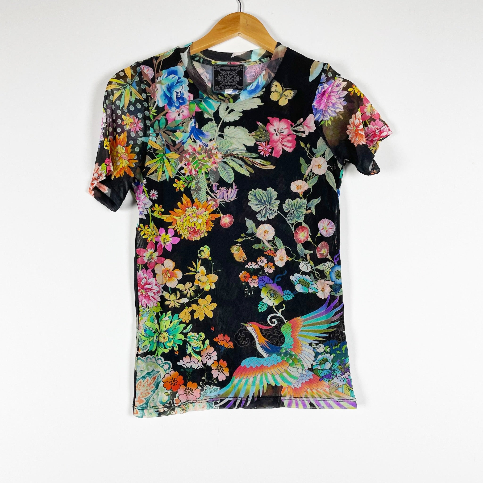 Johnny Was Black Noir Dreamer Mesh Semi Sheer Crew Neck Floral Print Shirt Top