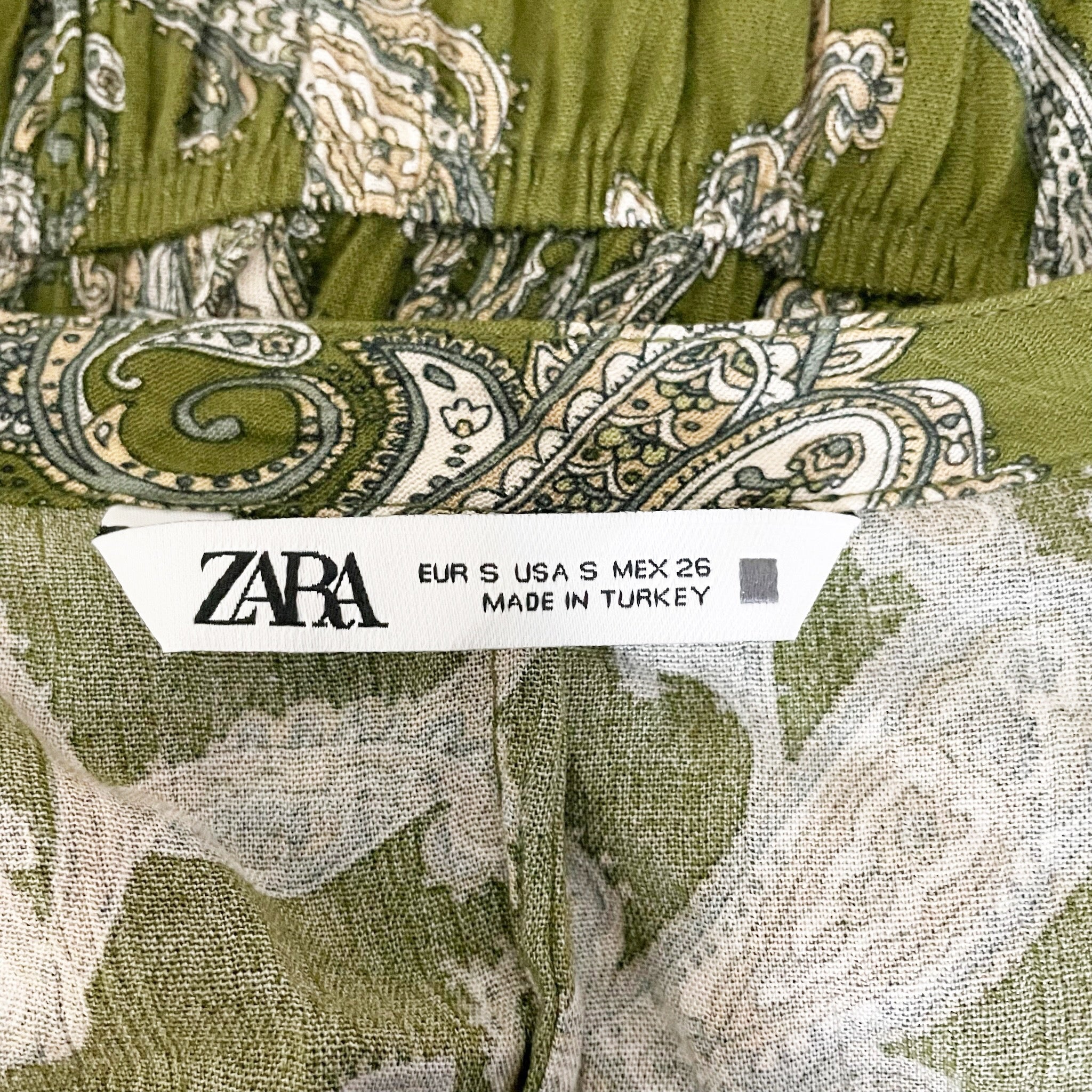 Zara Paisley Print Pattern Green Neutral Stretch Waist Long Sleeve Maxi Small
