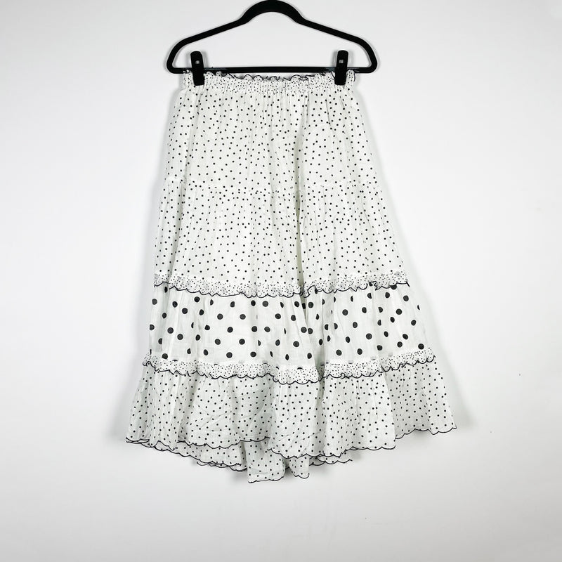 The Great. Cotton White Black Polka Dot Print Pattern Tiered Midi Skirt M