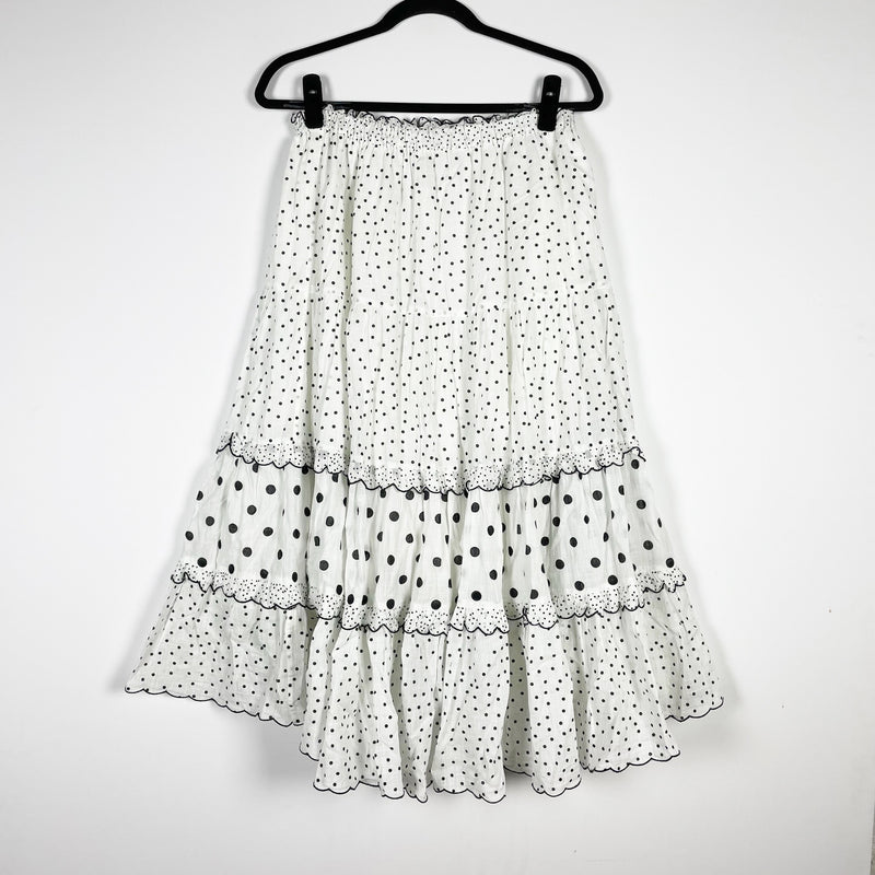 The Great. Cotton White Black Polka Dot Print Pattern Tiered Midi Skirt M