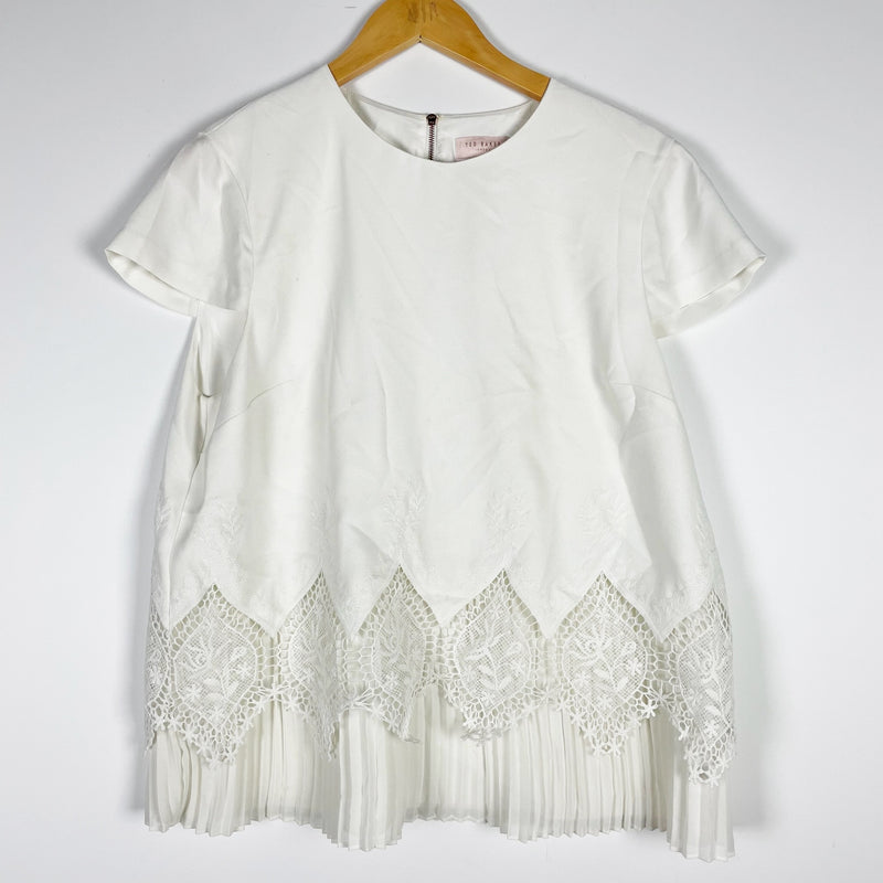 Ted Baker Nardiya Crew Neck Accordion Pleated Lace Overlay Short Sleeve Blouse