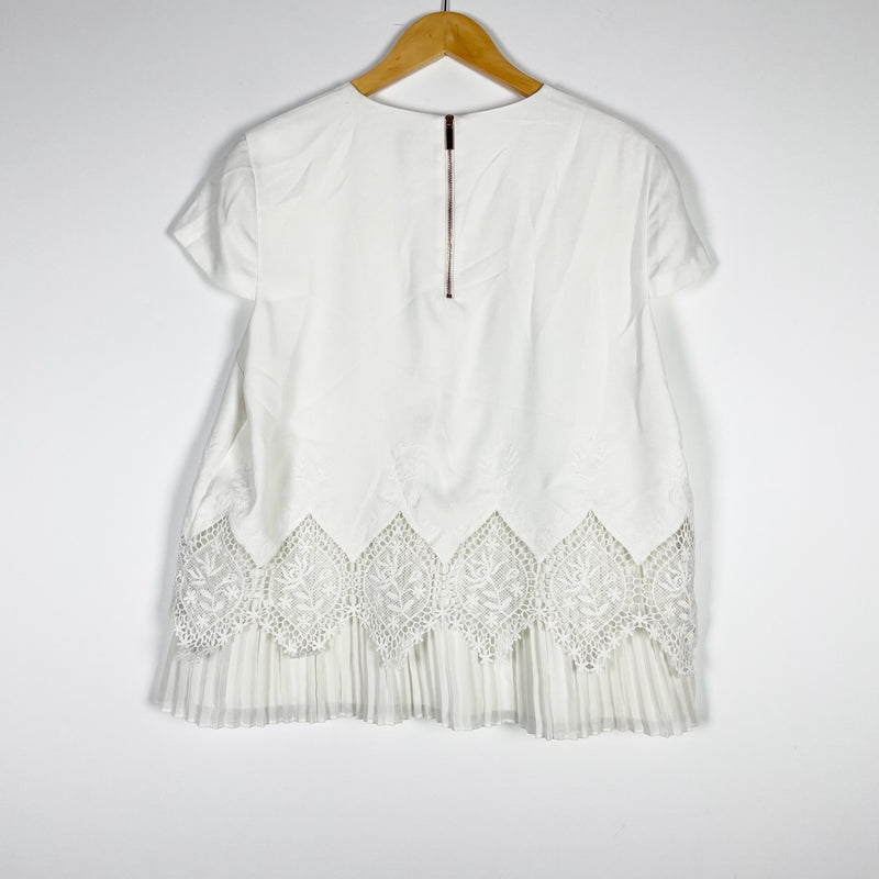 Ted Baker Nardiya Crew Neck Accordion Pleated Lace Overlay Short Sleeve Blouse