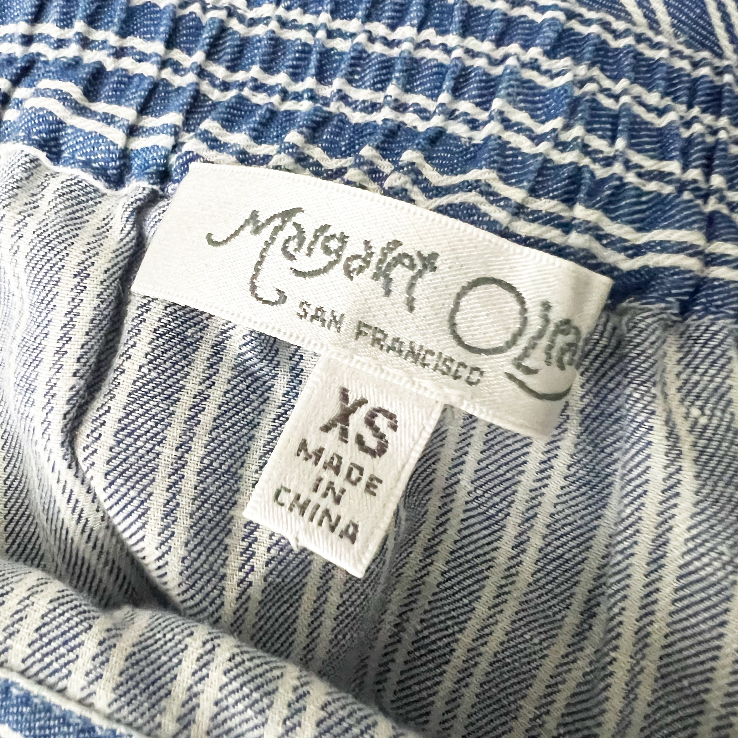 Margaret O'Leary Cotton Linen Woven Stripe Pull On A Line Midi Skirt Blue White