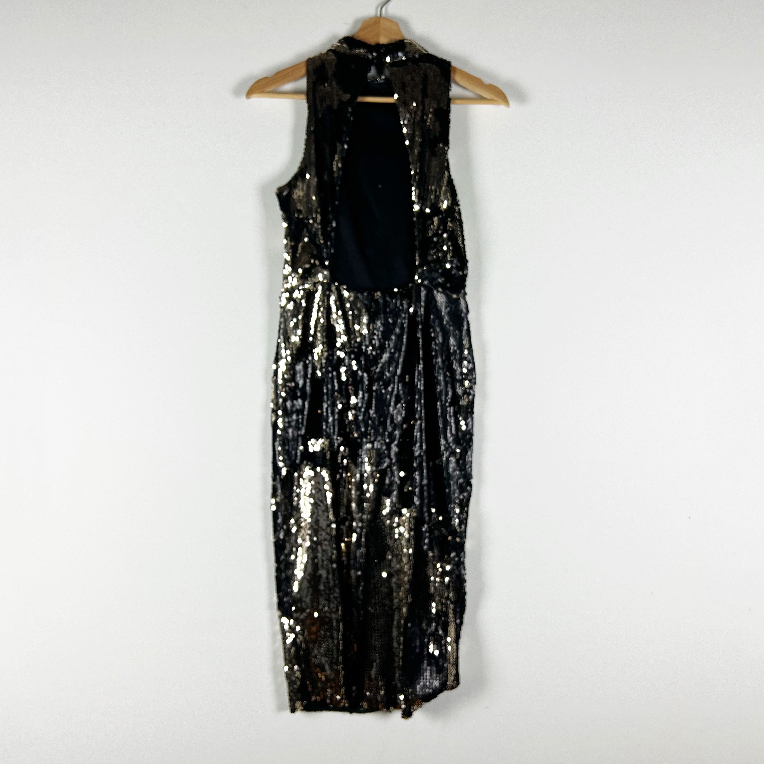 Zara Gold Black Sequin Glitter Sparkle Embellished Backless Sheath Midi Dress XS
