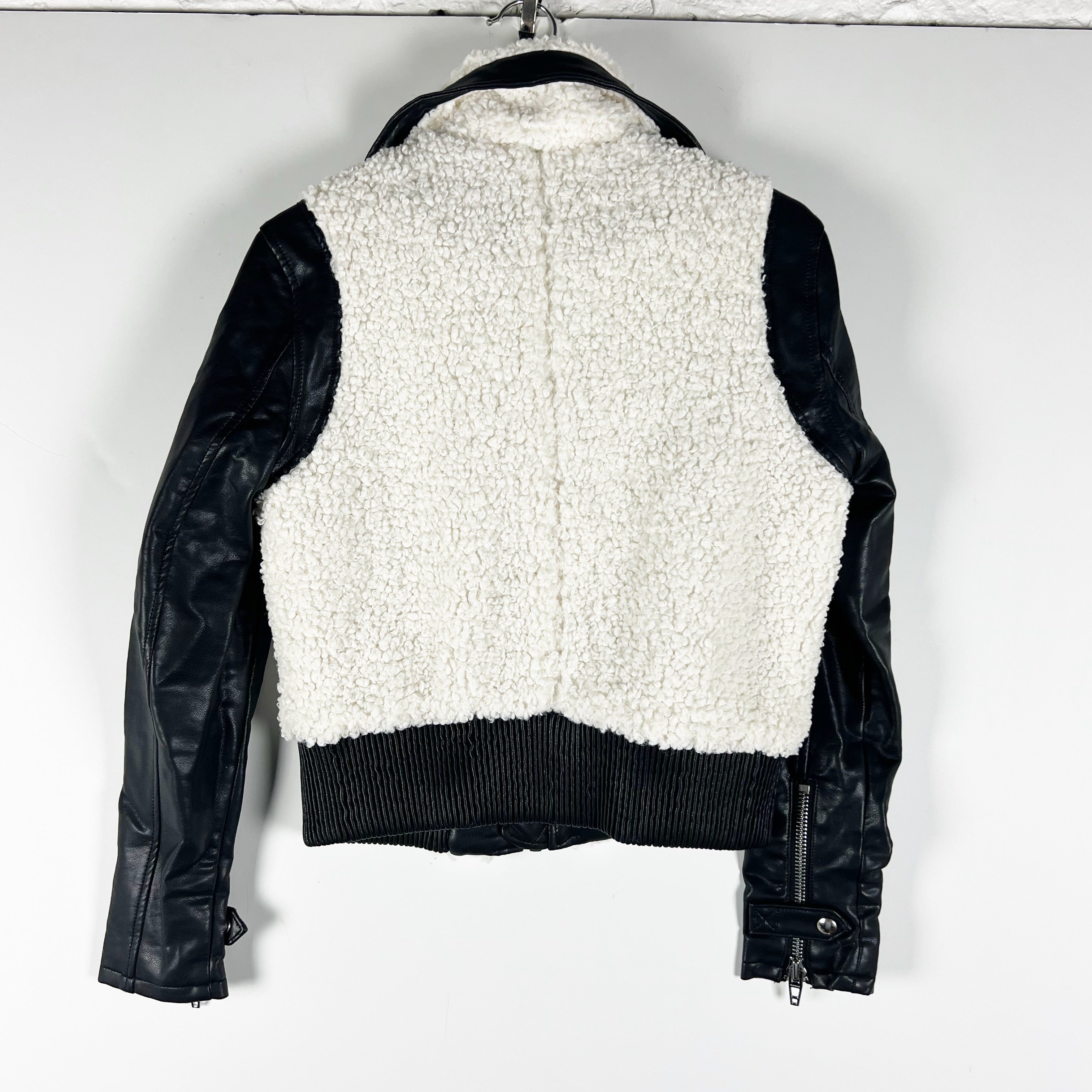 BlankNYC Sky High Aviator Faux Vegan Shearling Leather Bomber Jacket White Black