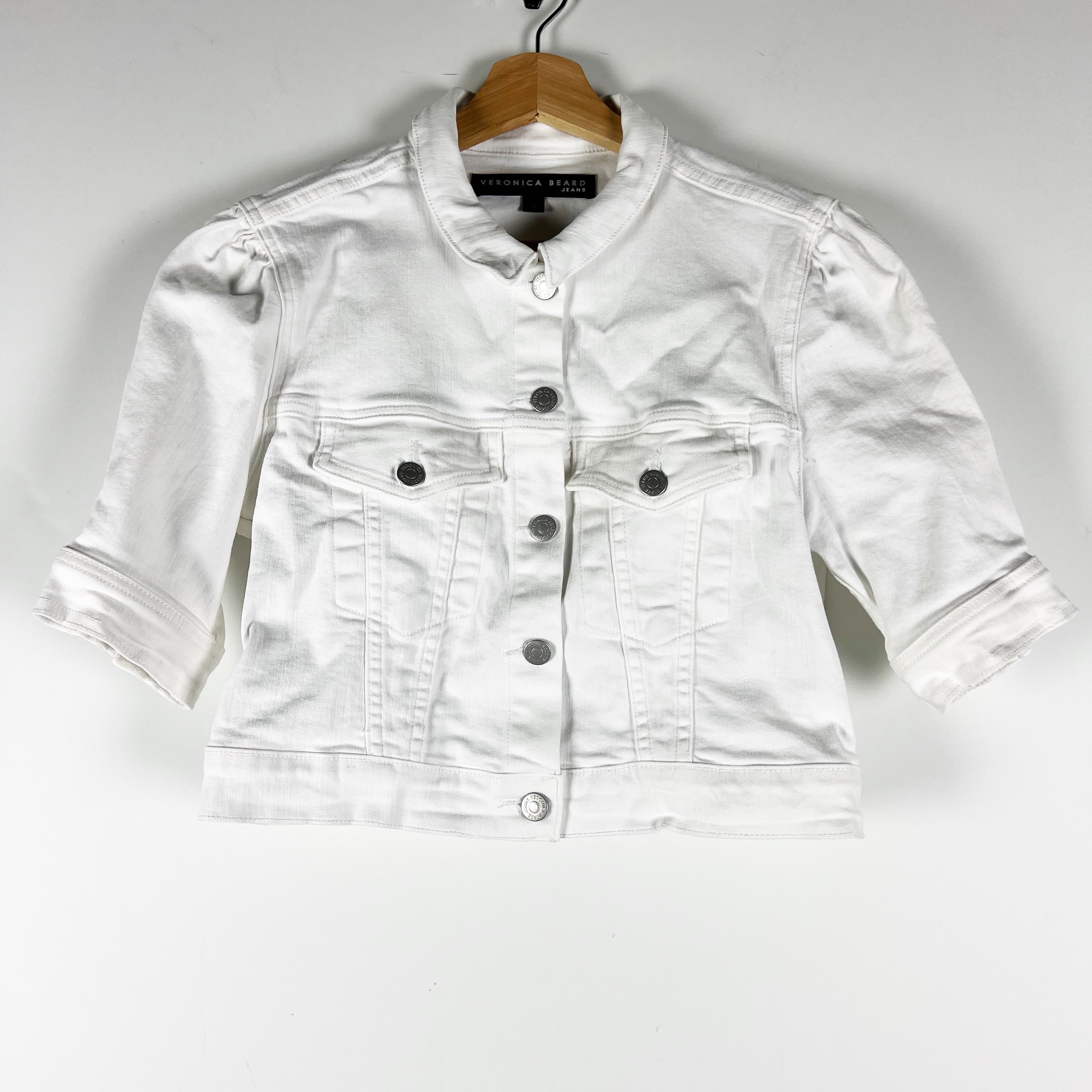 Veronica Beard Raina Cotton Collared Button Cropped Half Sleeve Jacket White S