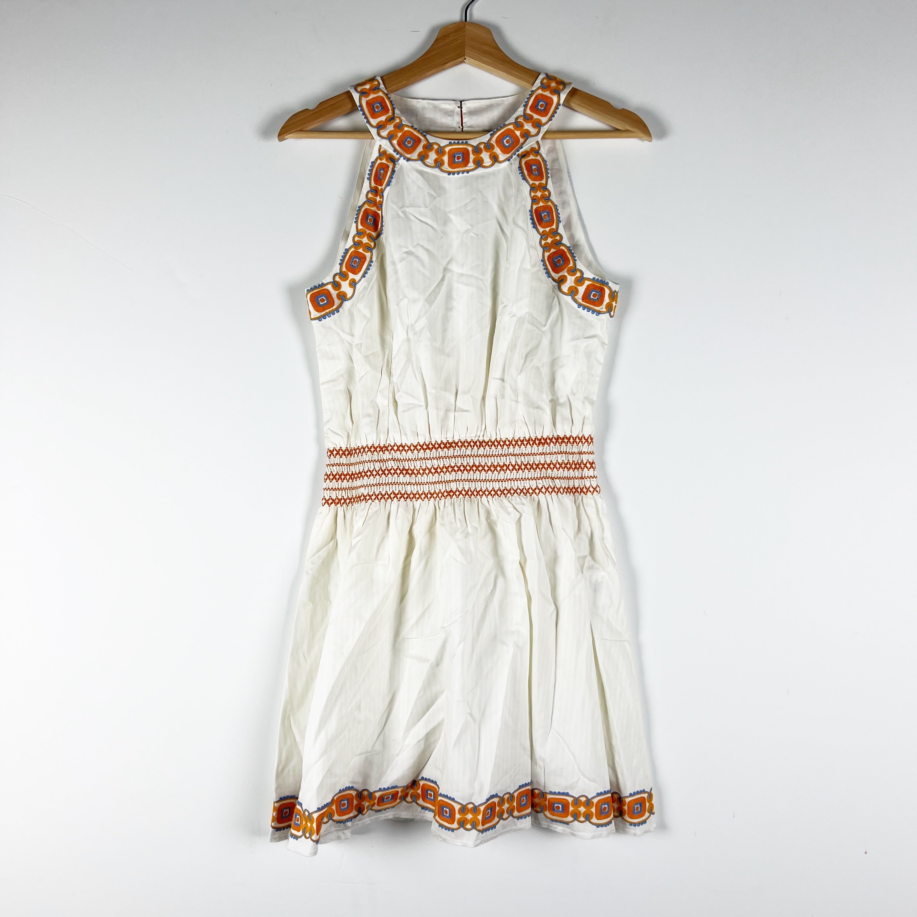 Tory Burch Bridget Embroidered Cotton High Neck Smocked Waist Mini Dress Multi S