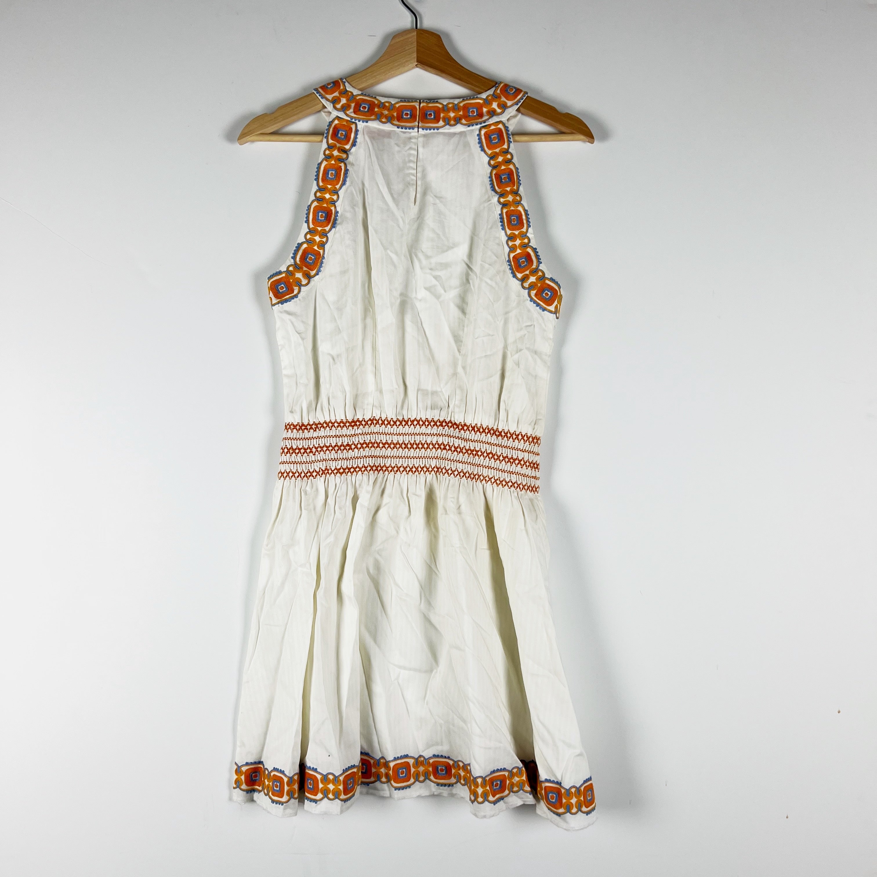 Tory Burch Bridget Embroidered Cotton High Neck Smocked Waist Mini Dress Multi S