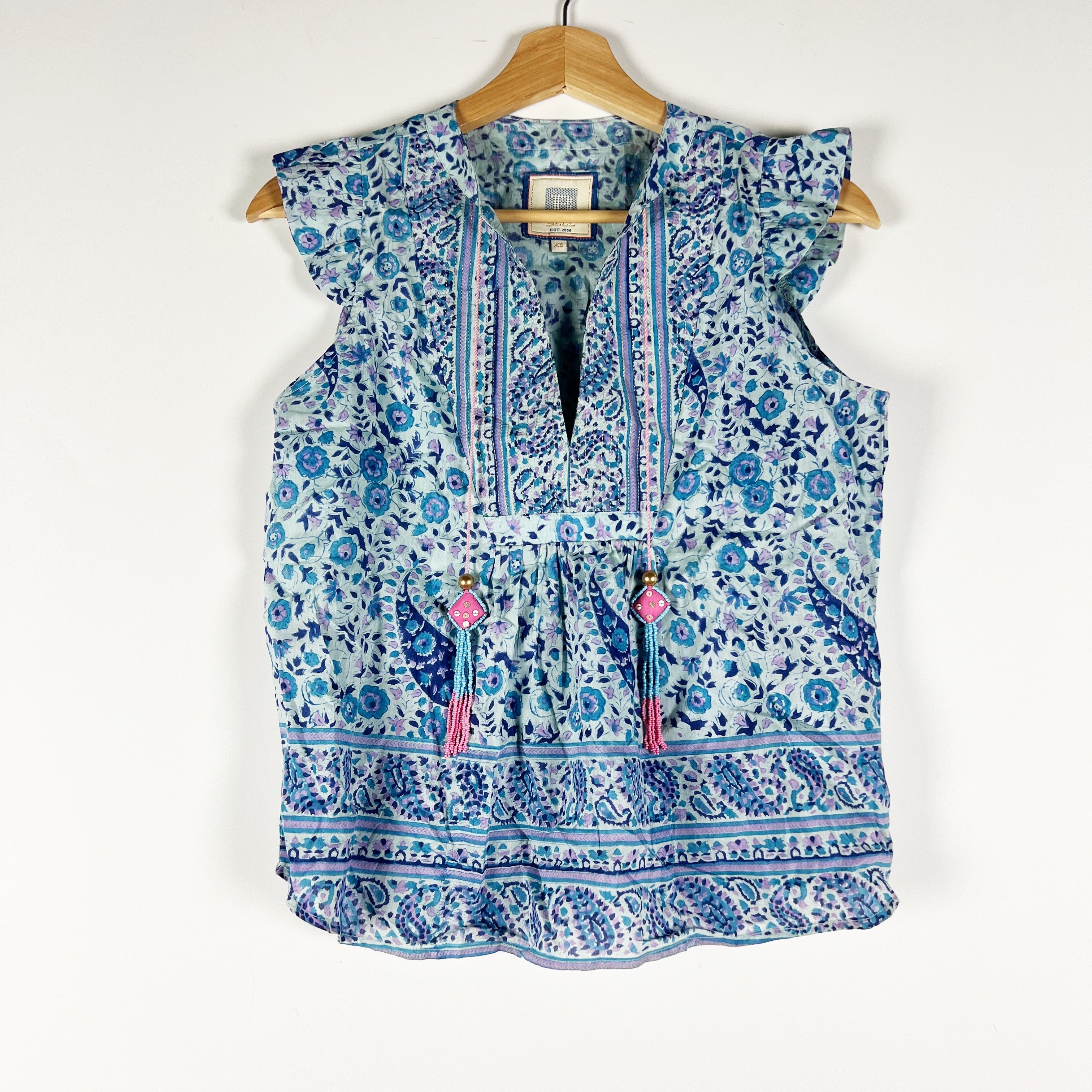BELL By Alicia Bell Cotton Silk Paisley Print Pattern Tassel Blouse Shirt Blue