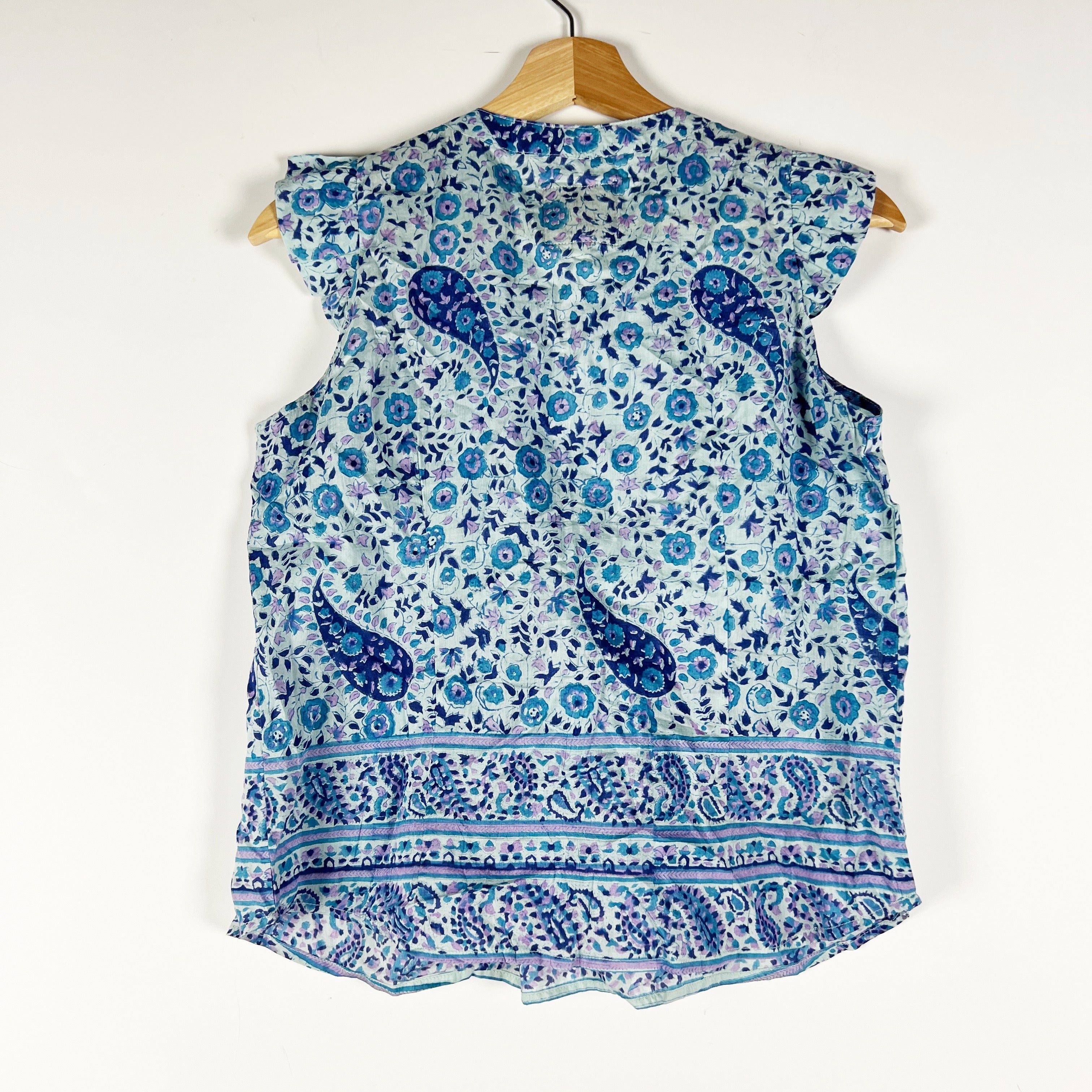 BELL By Alicia Bell Cotton Silk Paisley Print Pattern Tassel Blouse Shirt Blue