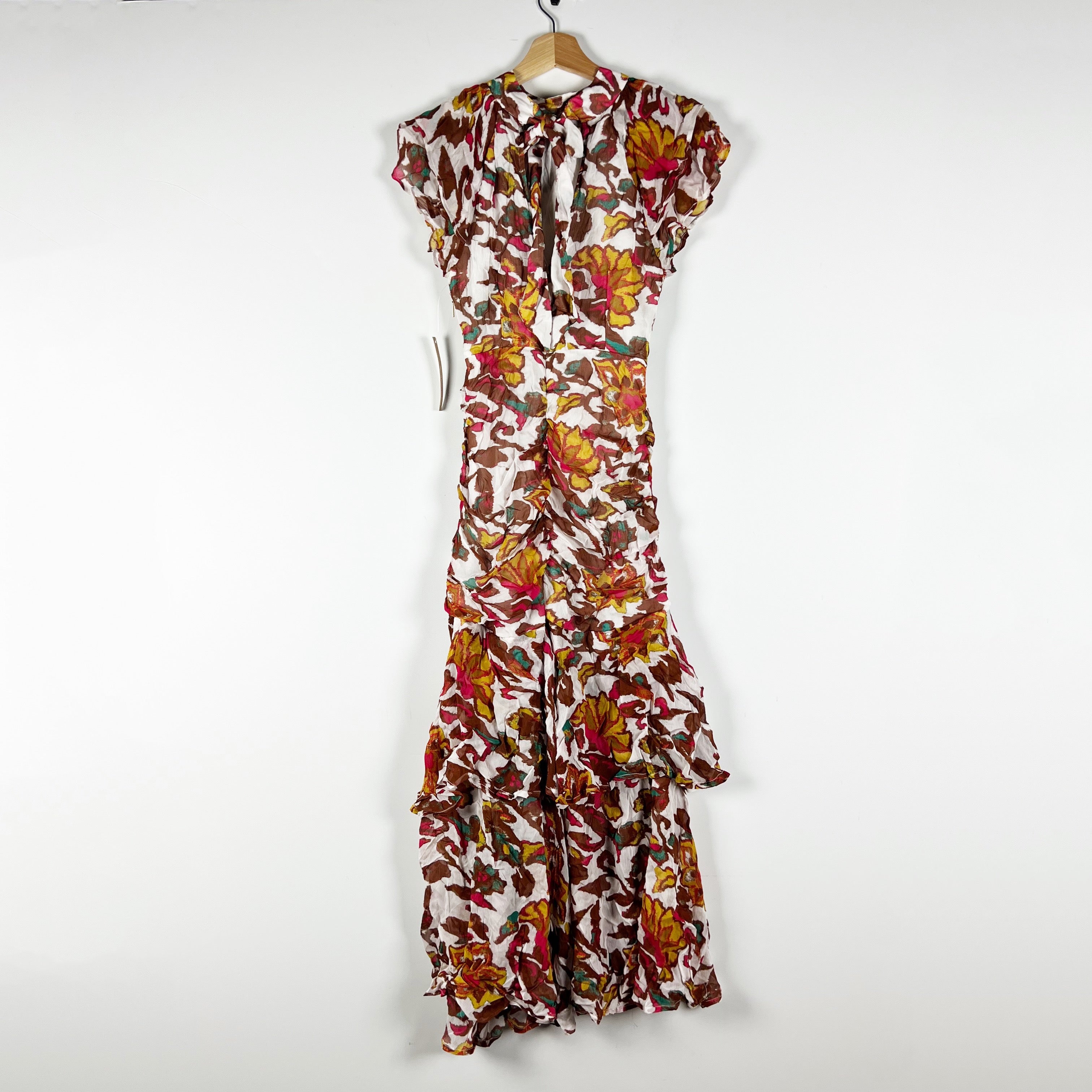 NEW Cleobella Cecilia Ankle High Slit Ruched Ruffle Midi Dress Shea Pattern XS