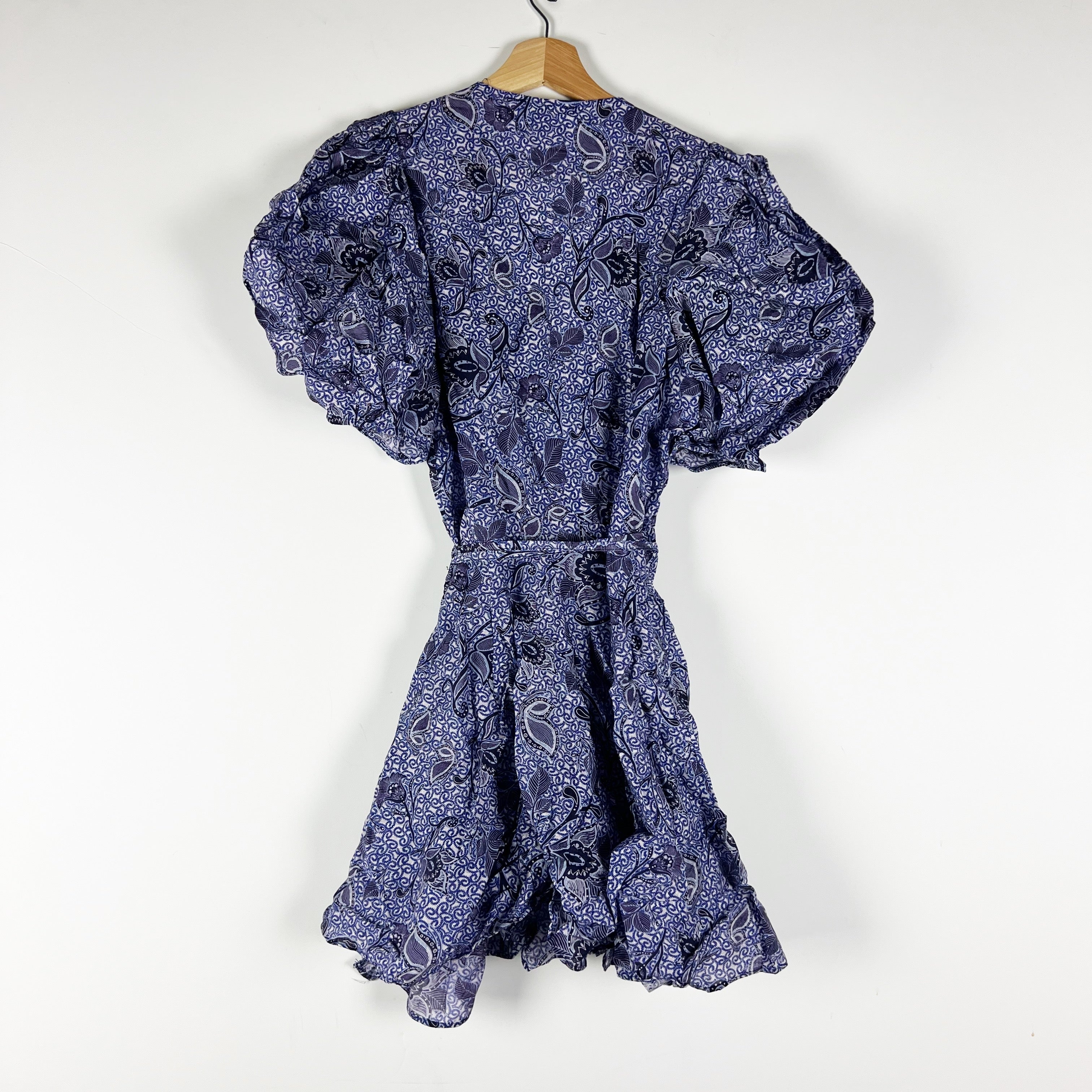 Berenice Paris Short Wrap Puff Half Sleeve V Neck Blue Print Mini Dress Small