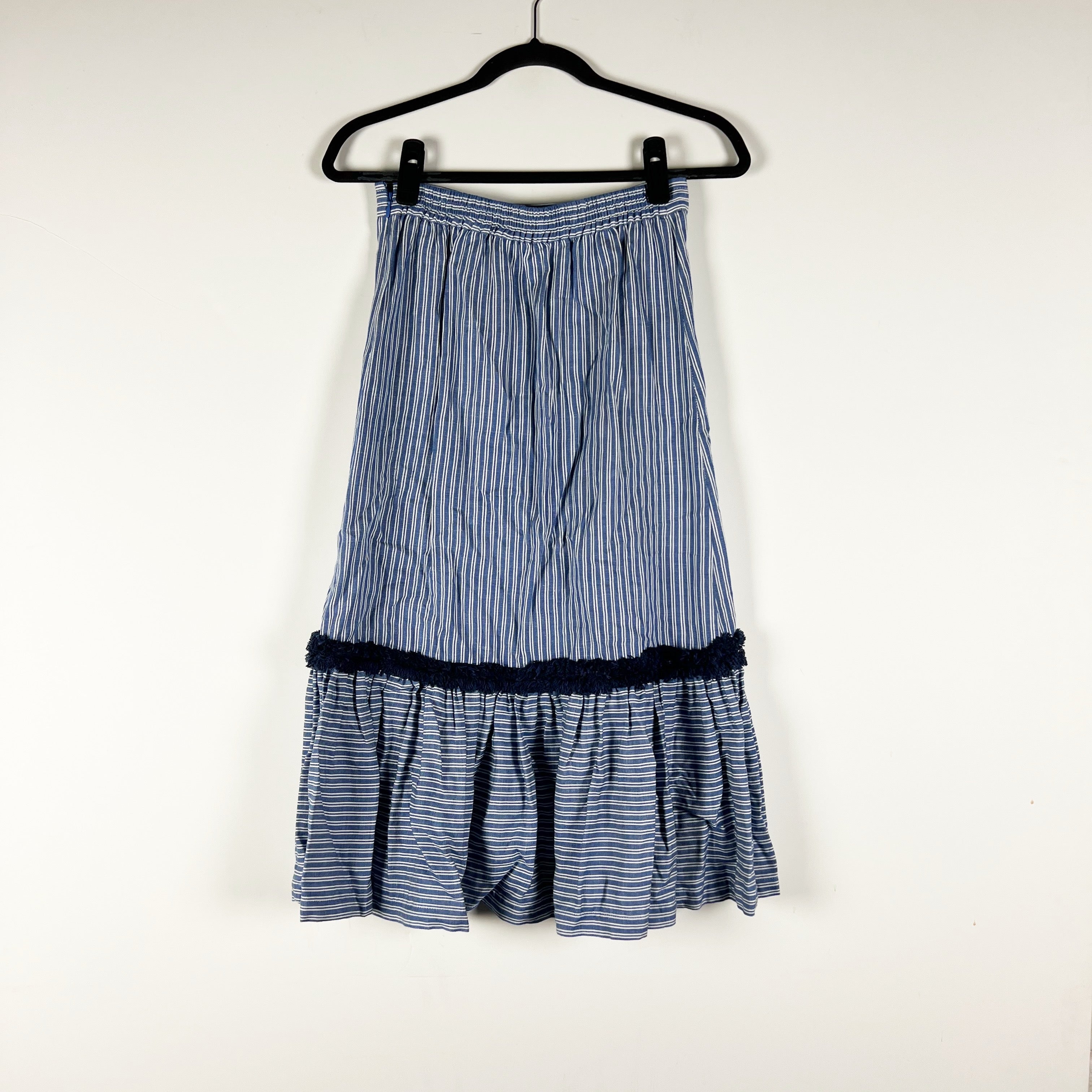 Margaret O'Leary Cotton Linen Woven Stripe Pull On A Line Midi Skirt Blue White