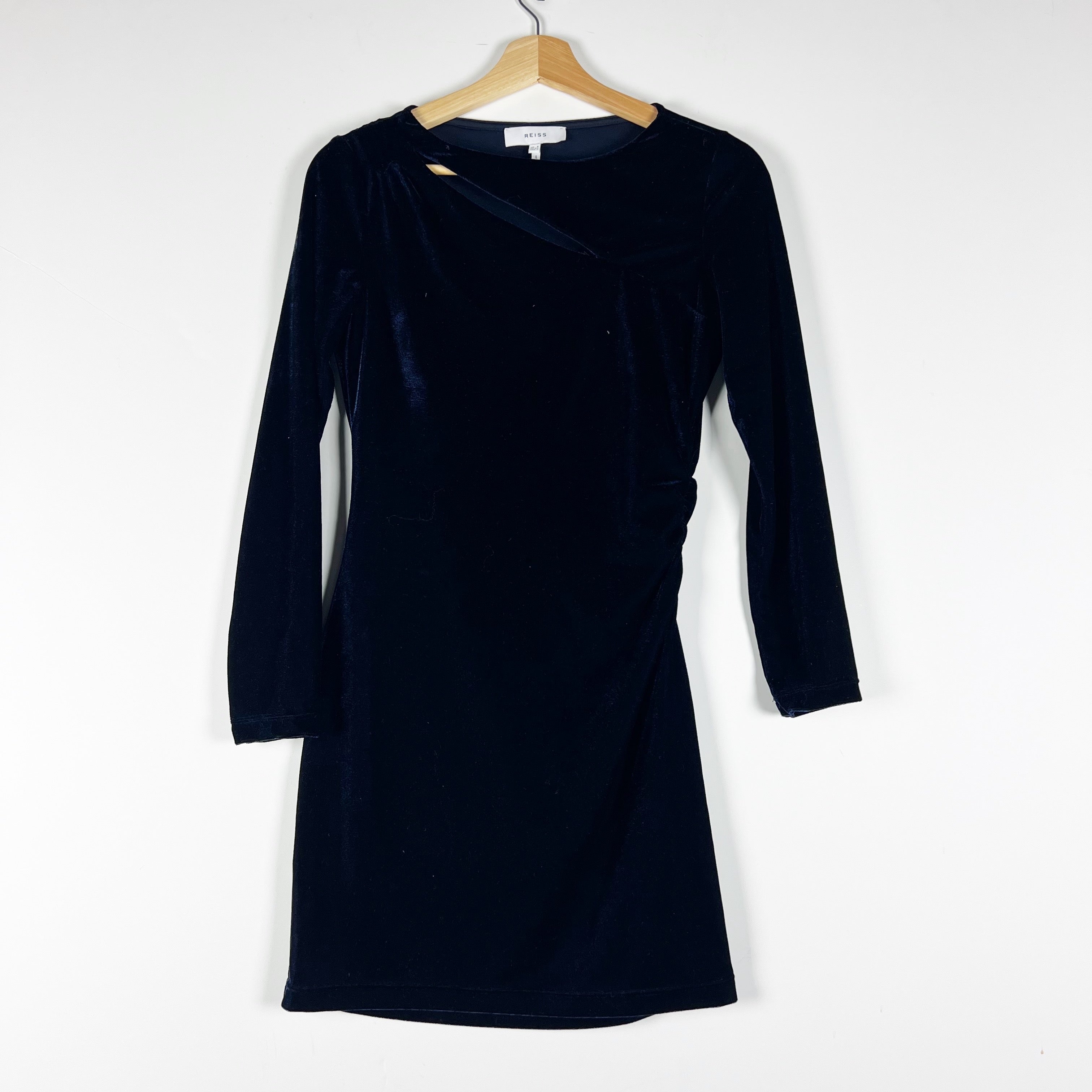 Reiss Katie Velvet Velour Cut Out Ruched Pullover Long Sleeve Mini Dress Blue 2