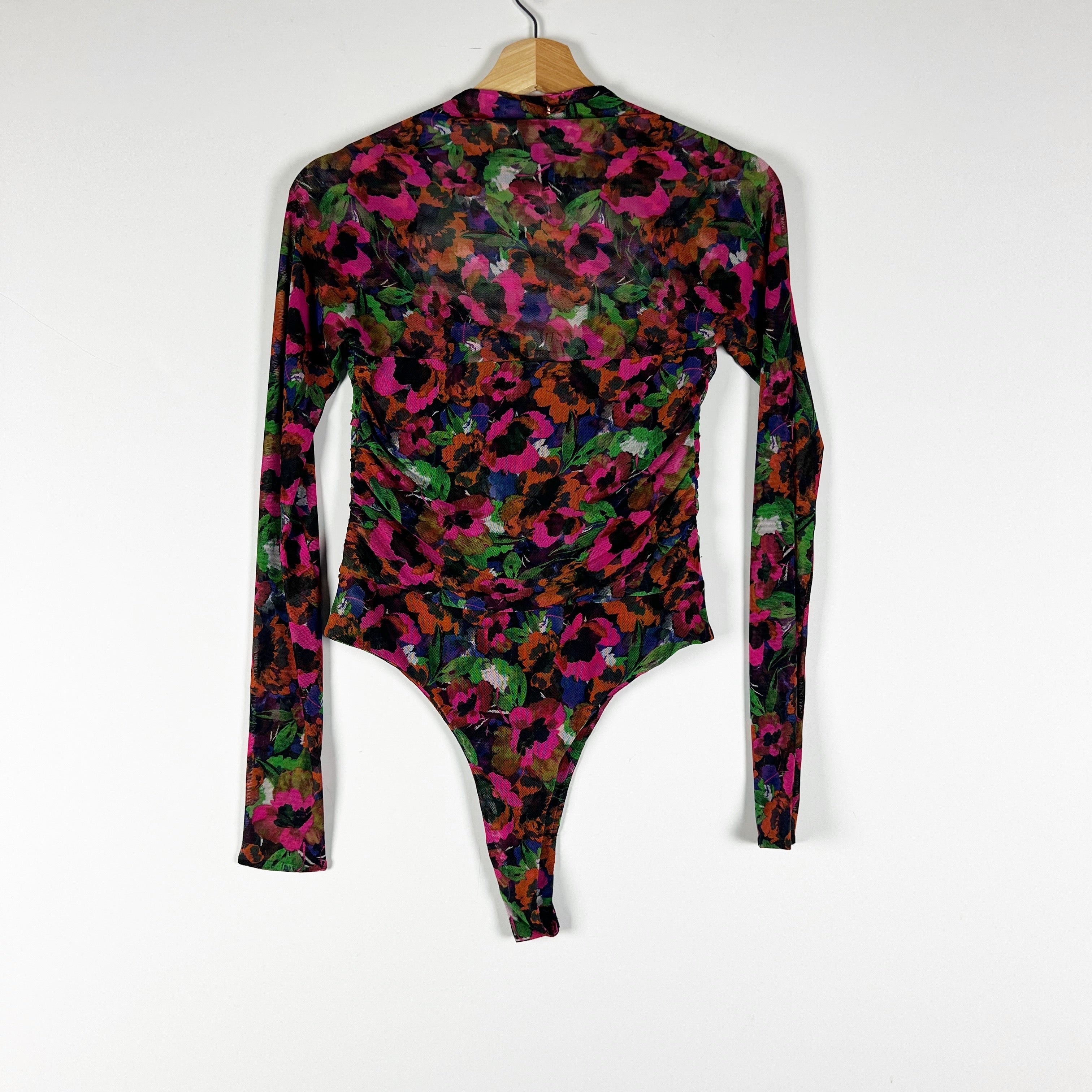 NEW Misa MISA Hayworth Thong Long Sleeve Mesh Tulle Bodysuit Jeweltone Flora XS