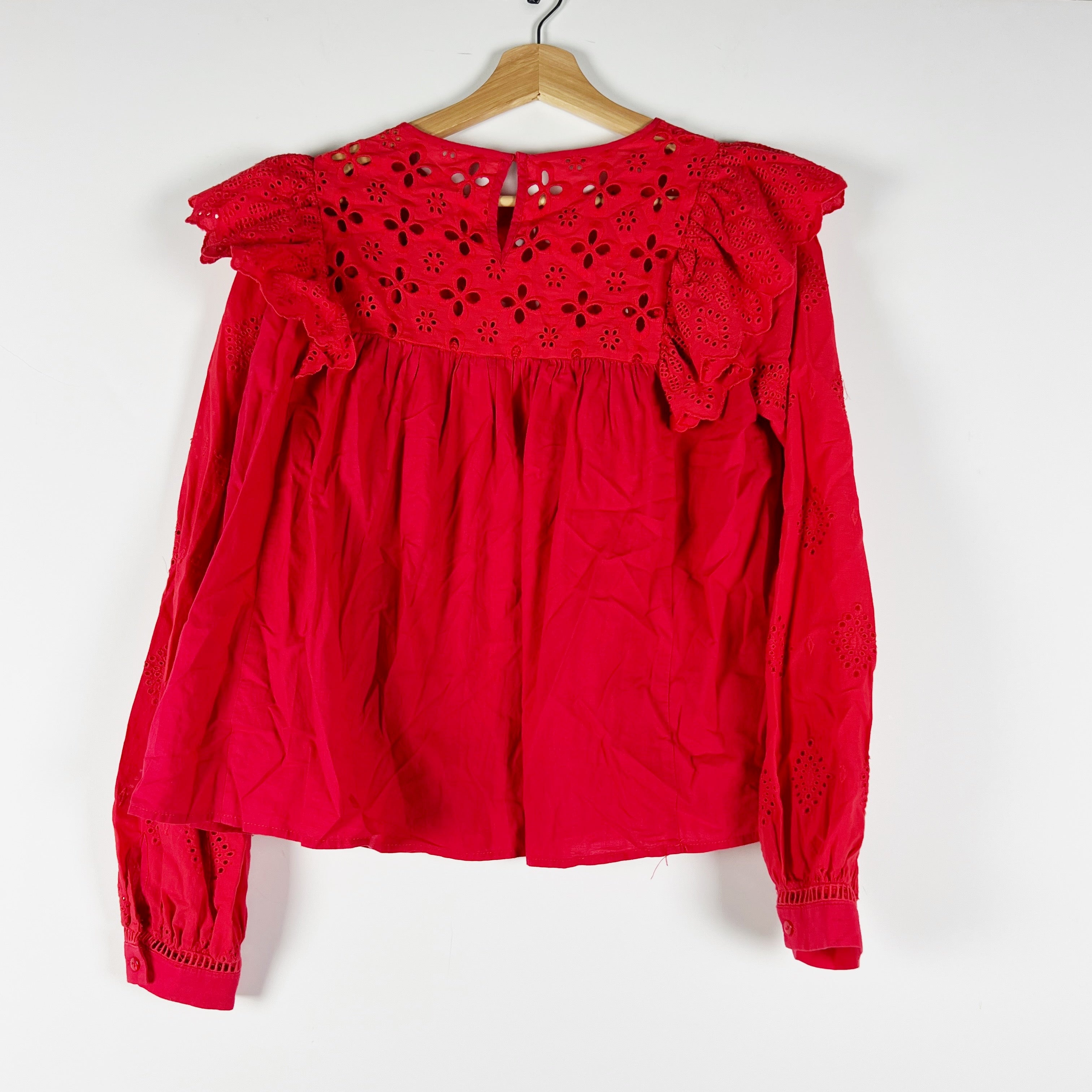 En Saison Cotton Eyelet Ruffle Long Sleeve Blouse Shirt Top Red XS