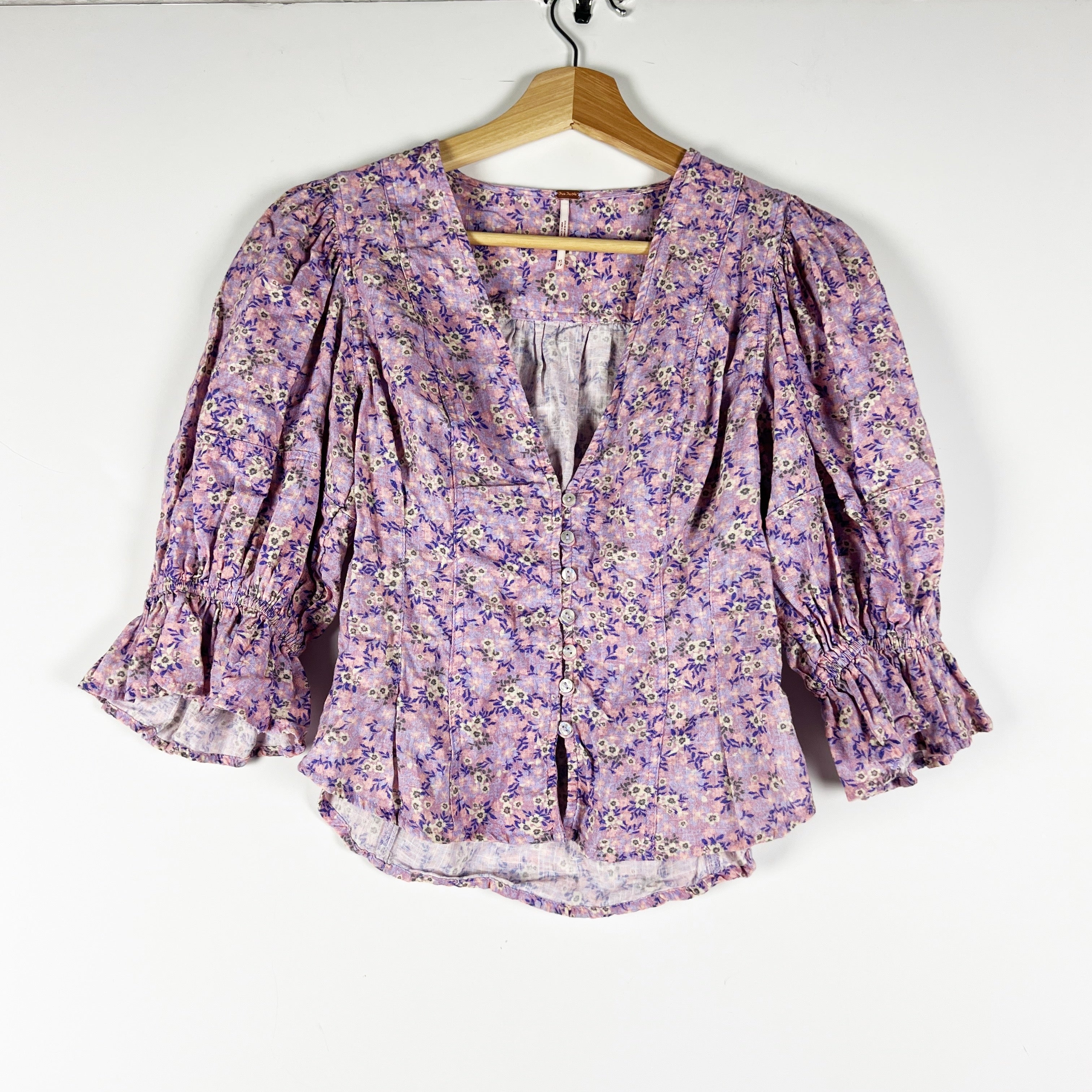 Free People I Found You Cotton Purple Floral Flower Print Button Front Blouse XS