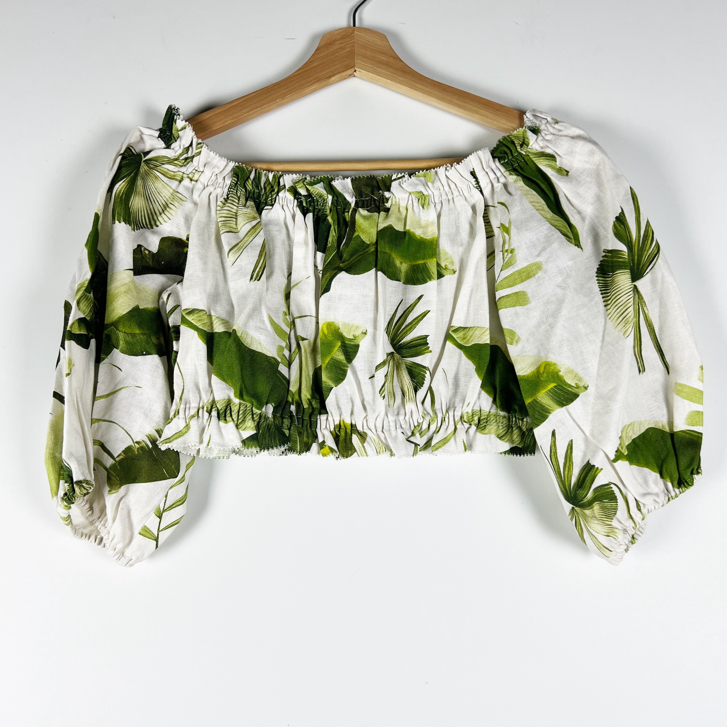 NEW Cara Cara Linen Smocked Stretch Tropical Print Pattern Crop Top Blouse XS