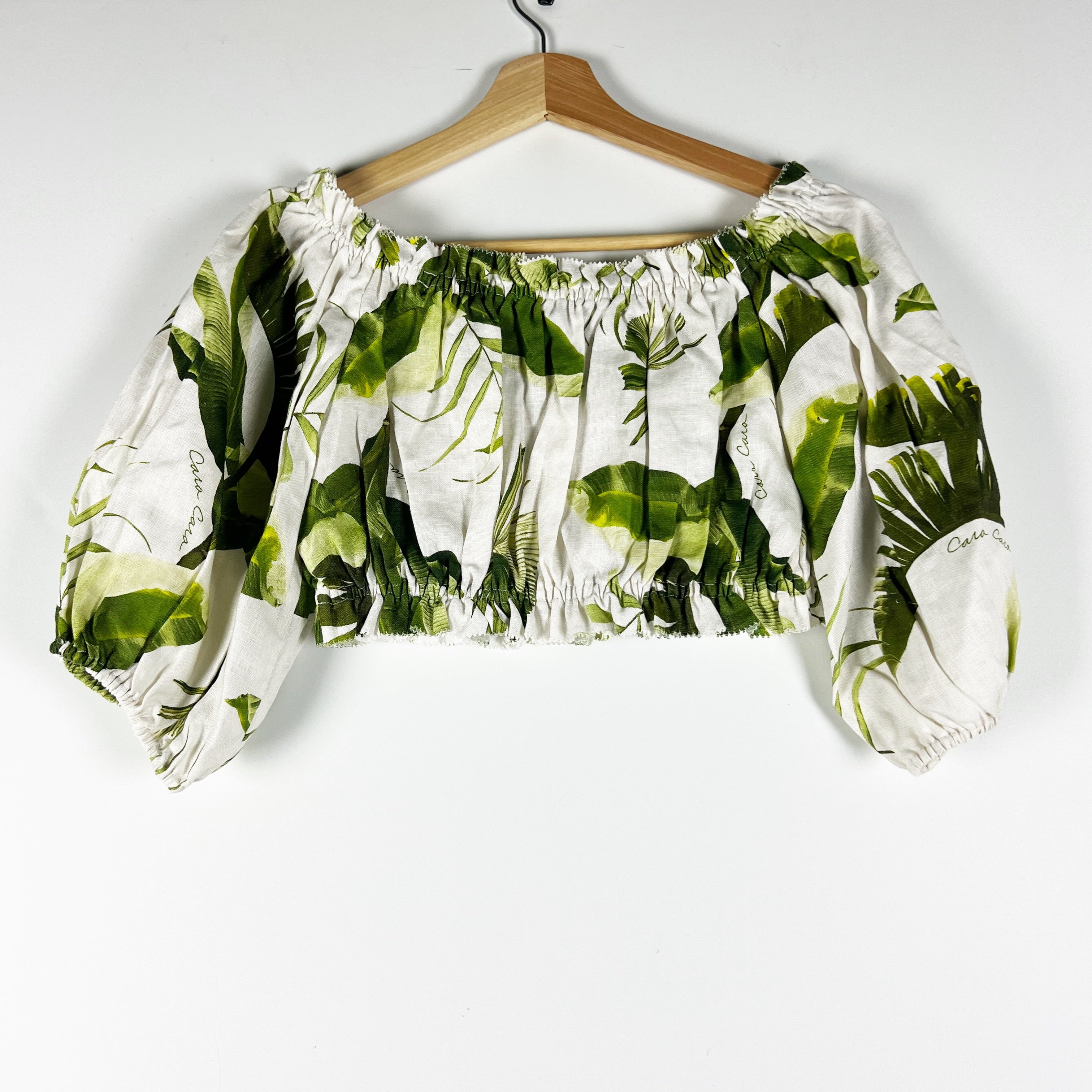 NEW Cara Cara Linen Smocked Stretch Tropical Print Pattern Crop Top Blouse XS