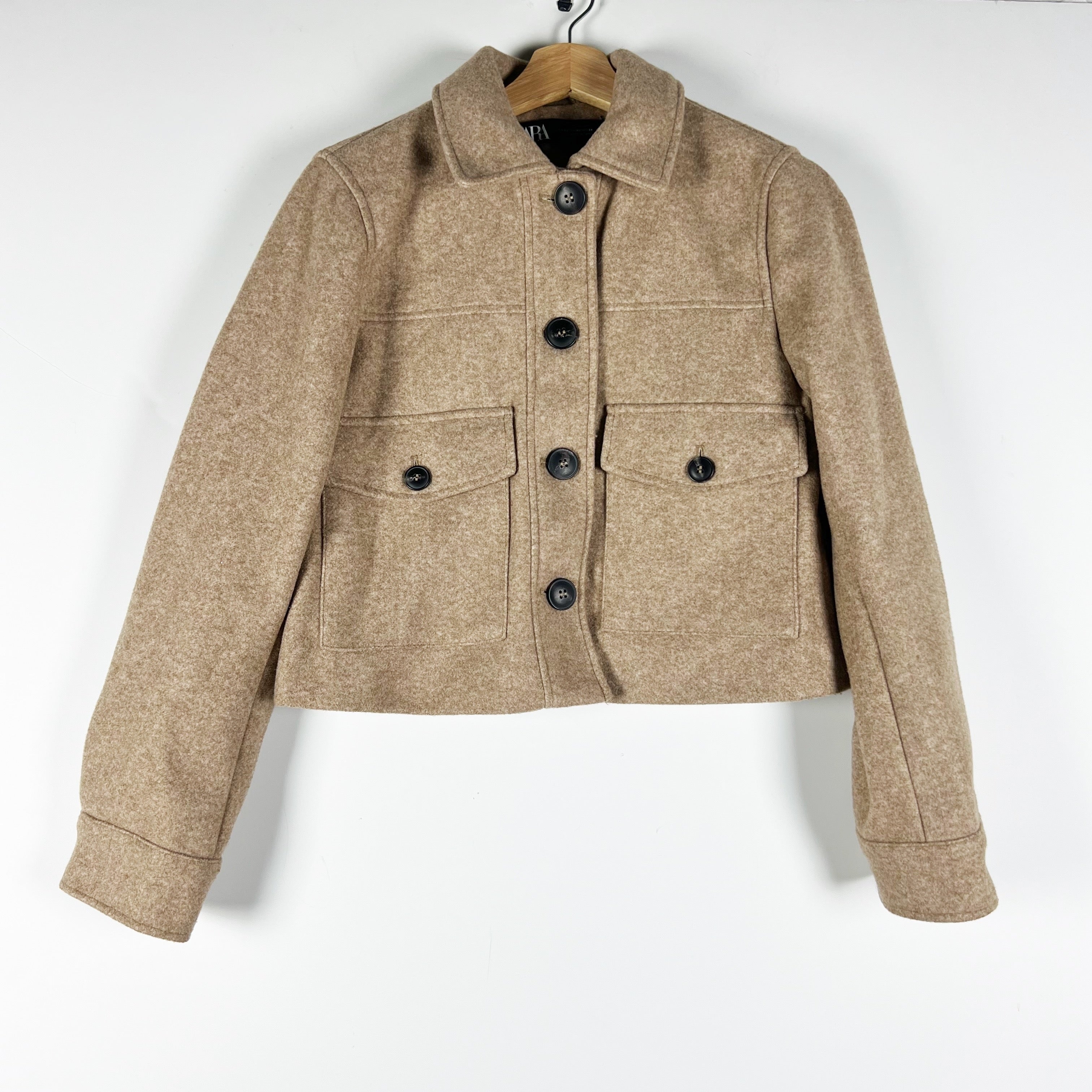 Zara Women's Felt Feel Collared Button Front Cropped Pocket Jacket Neutral XS
