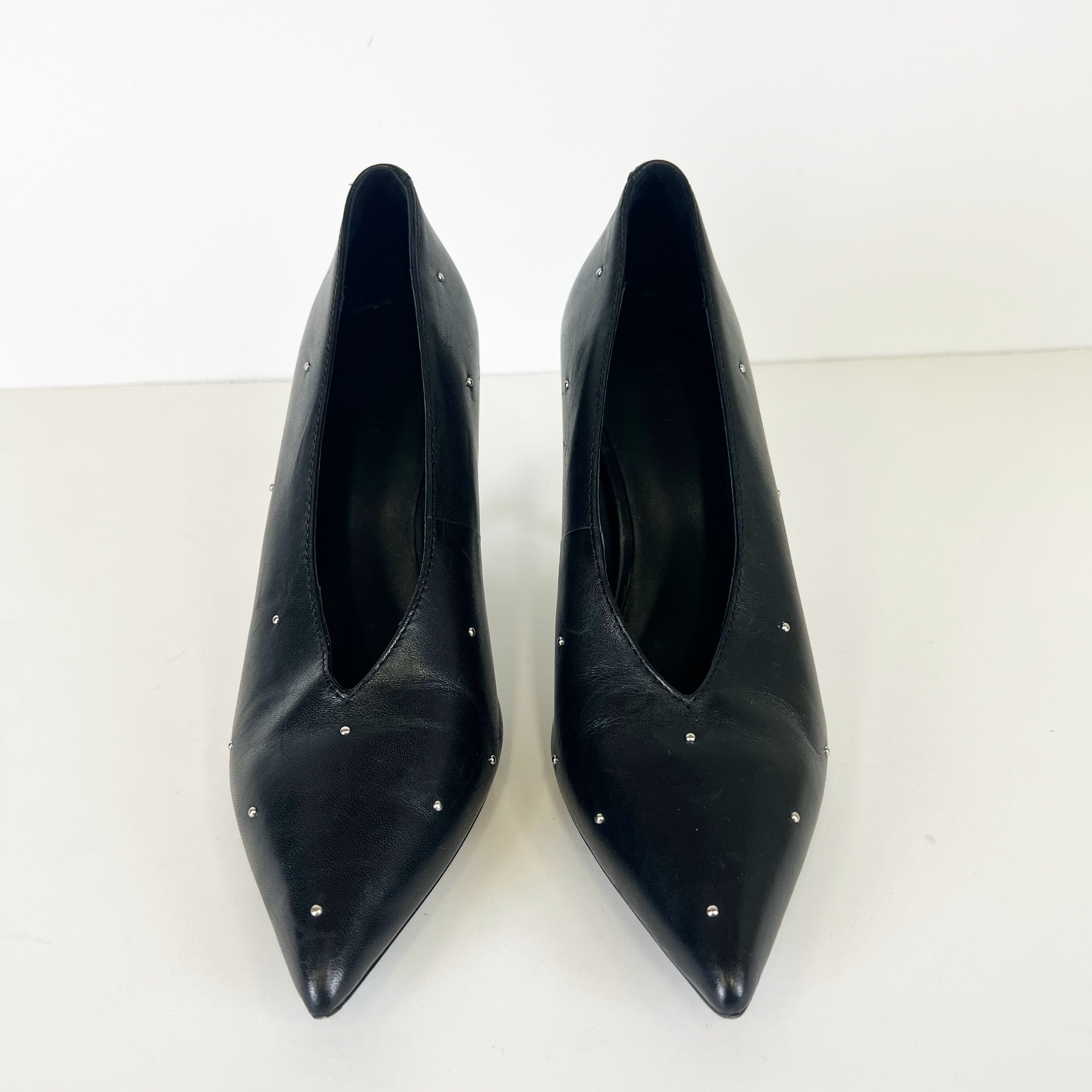 All Saints Adrianna Genuine Leather Studded Embellished Pointed Toe High Heels