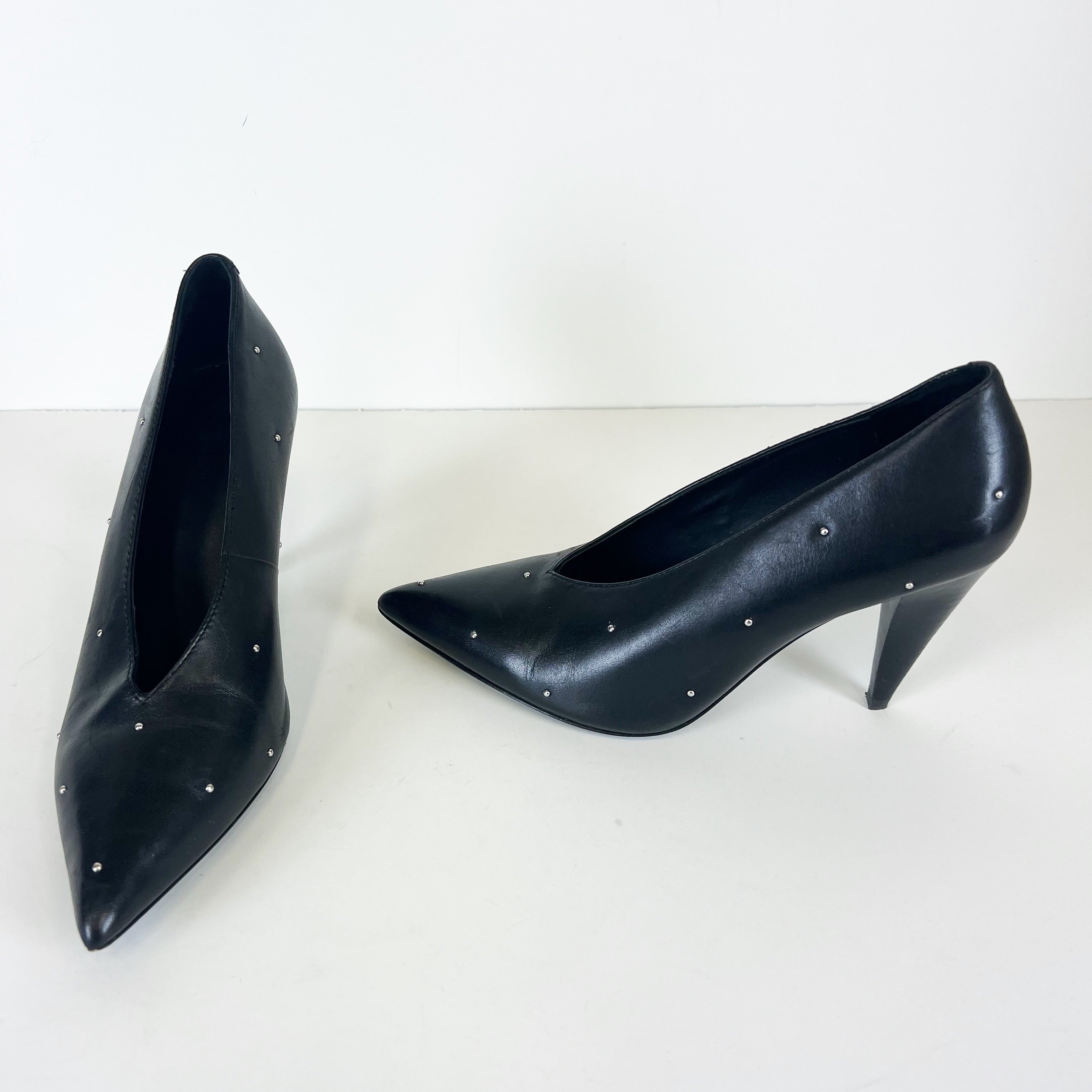 All Saints Adrianna Genuine Leather Studded Embellished Pointed Toe High Heels