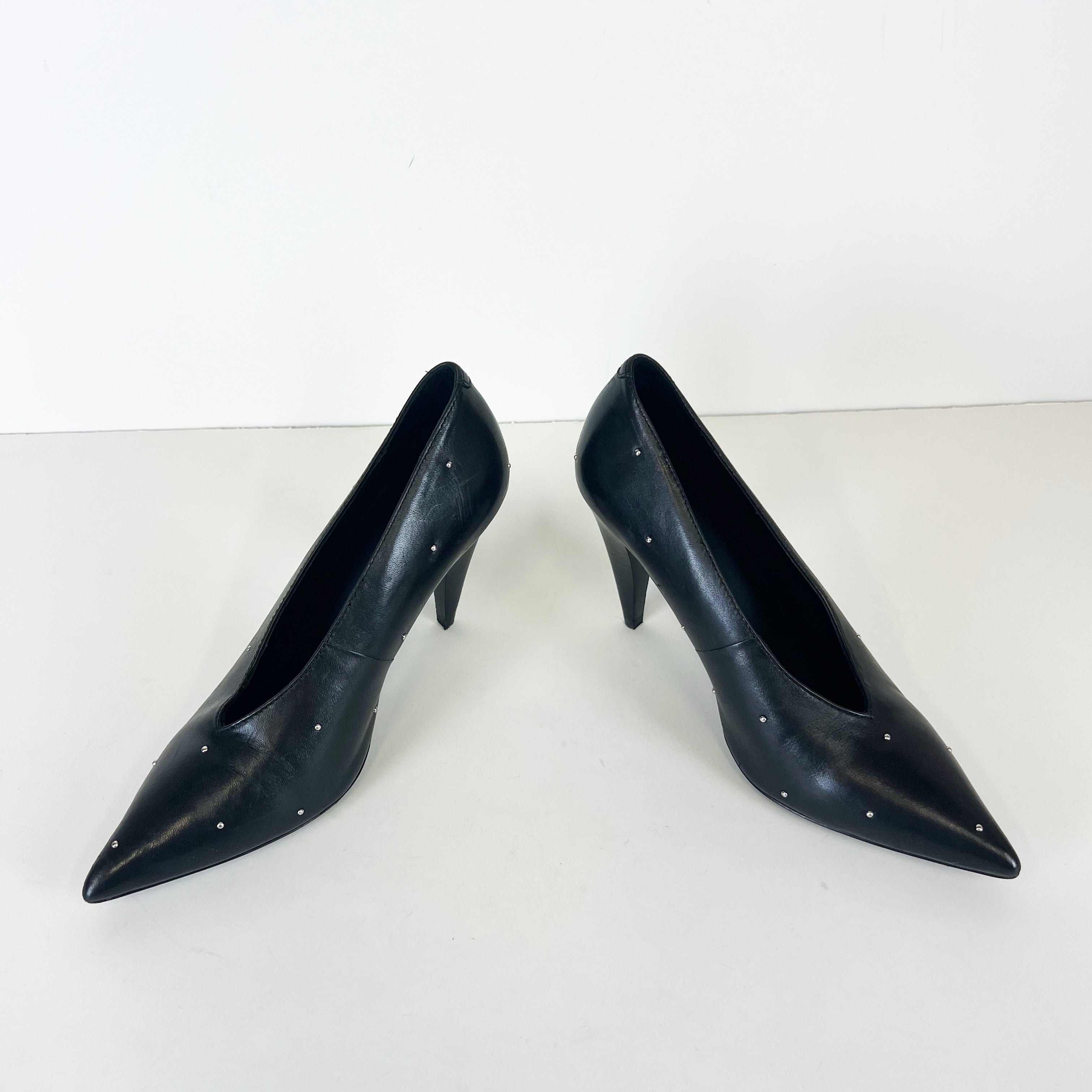 All Saints Adrianna Genuine Leather Studded Embellished Pointed Toe High Heels