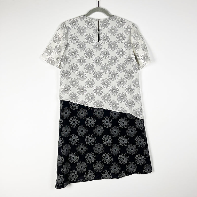 Diane Von Furstenberg Sunburst Print Tiered Silk T-Shirt Mini Dress Black White