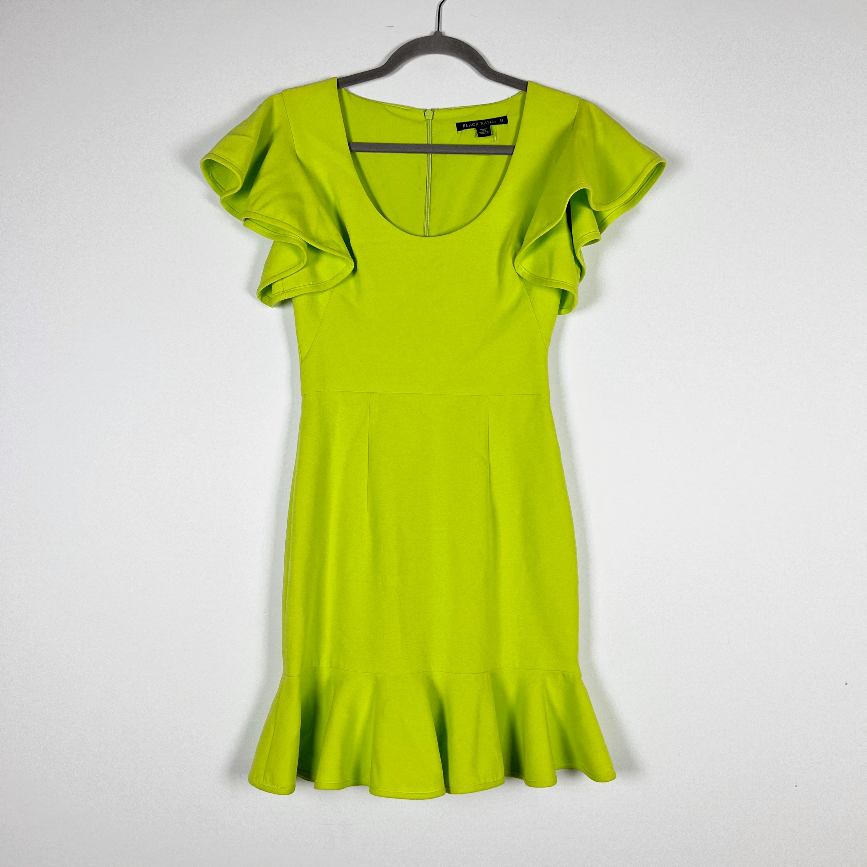 Black Halo Lynn Scoop Neck Ruffle Short Sleeve Fluted Cocktail Dress Lime Green