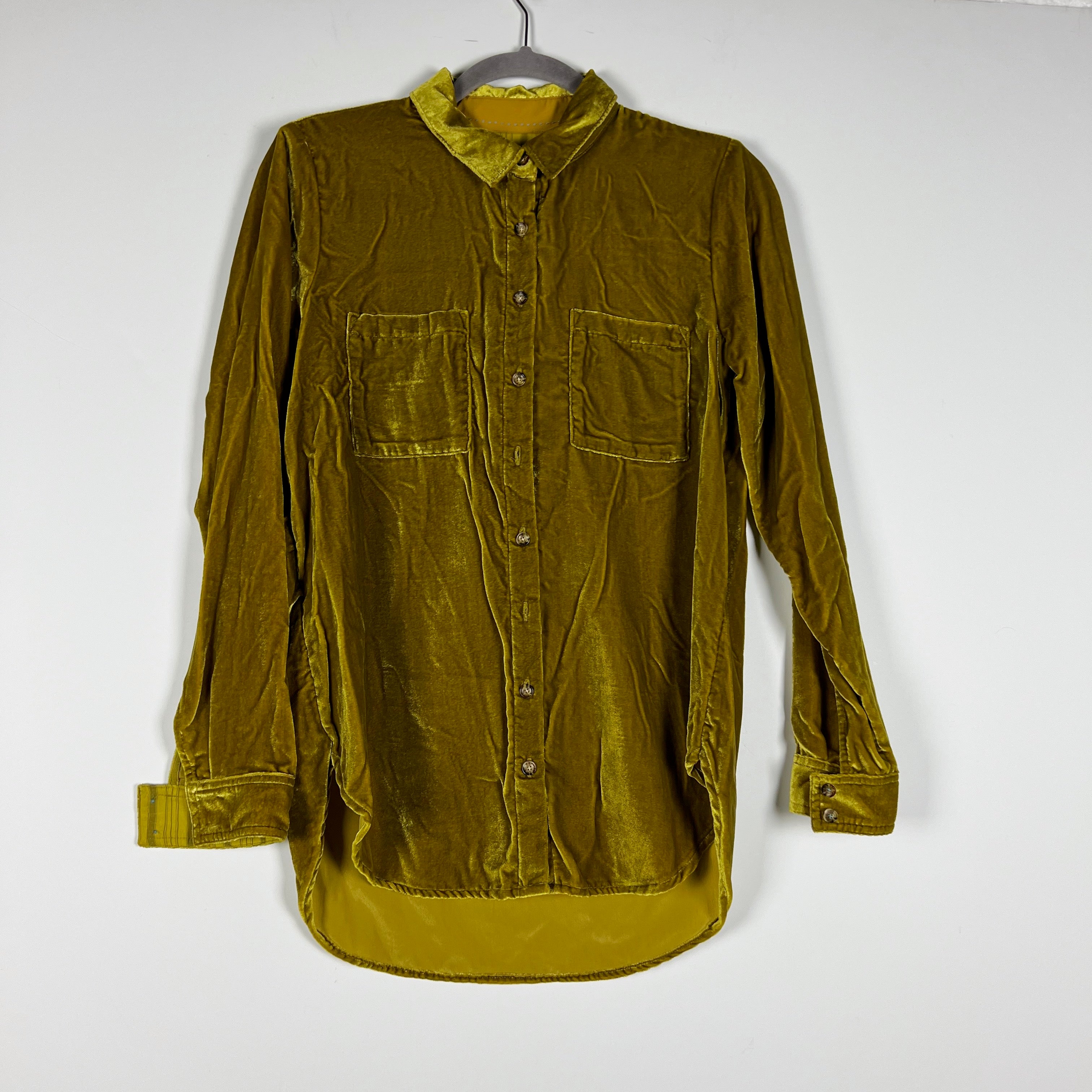 NEW Maeve Anthropologie Karina Velvet Velour Button Down Collared Shirt Gold 2