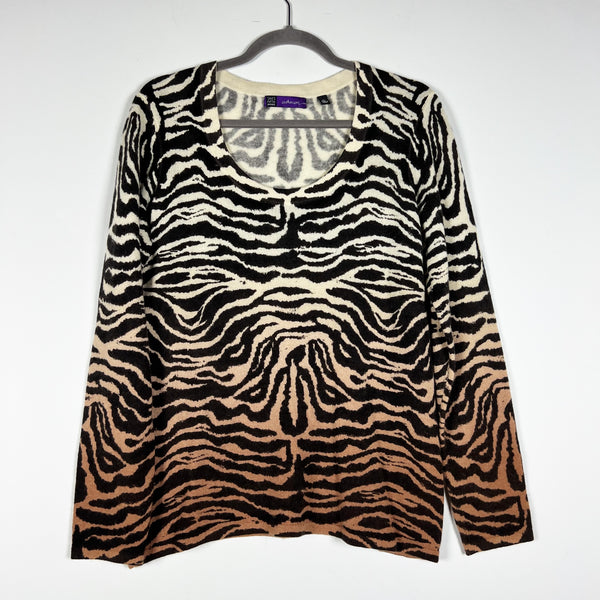 Saks Fifth Avenue Cashmere Knit Stretch Scoop Neck Zebra Animal Print Sweater XL