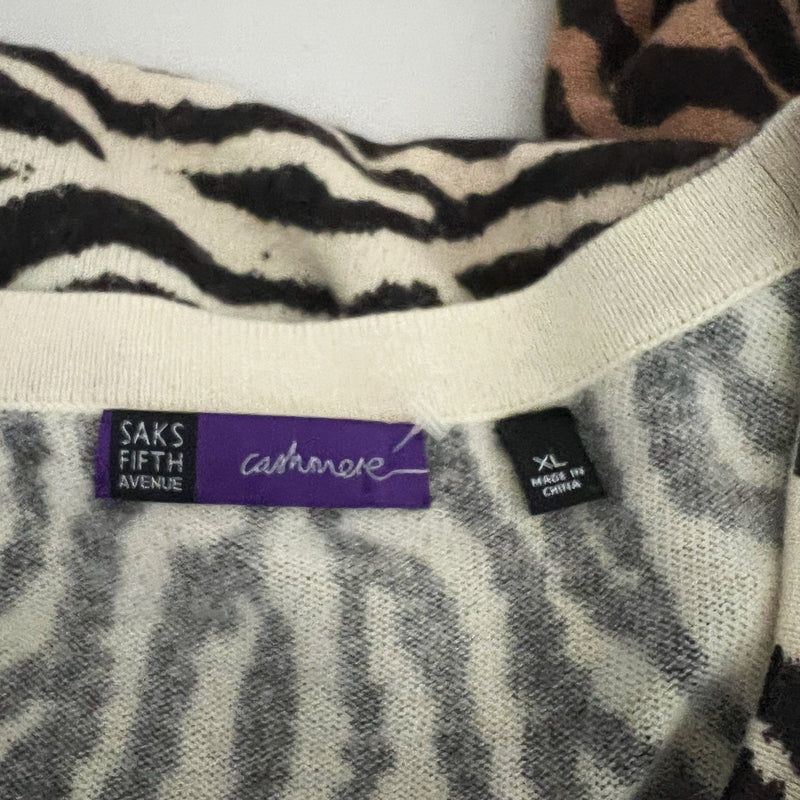 Saks Fifth Avenue Cashmere Knit Stretch Scoop Neck Zebra Animal Print Sweater XL