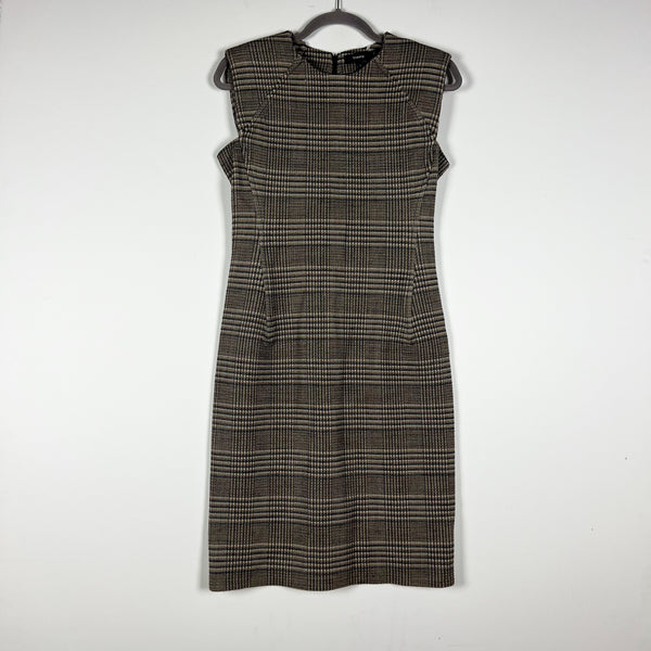 Theory Power Hadfield Brown Plaid Check Print Pattern Wool Stretch Shift Dress 8
