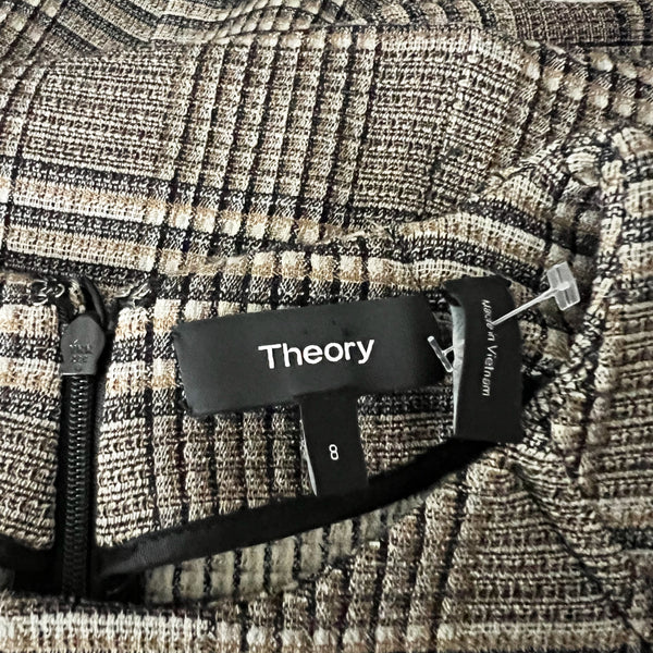 Theory Power Hadfield Brown Plaid Check Print Pattern Wool Stretch Shift Dress 8