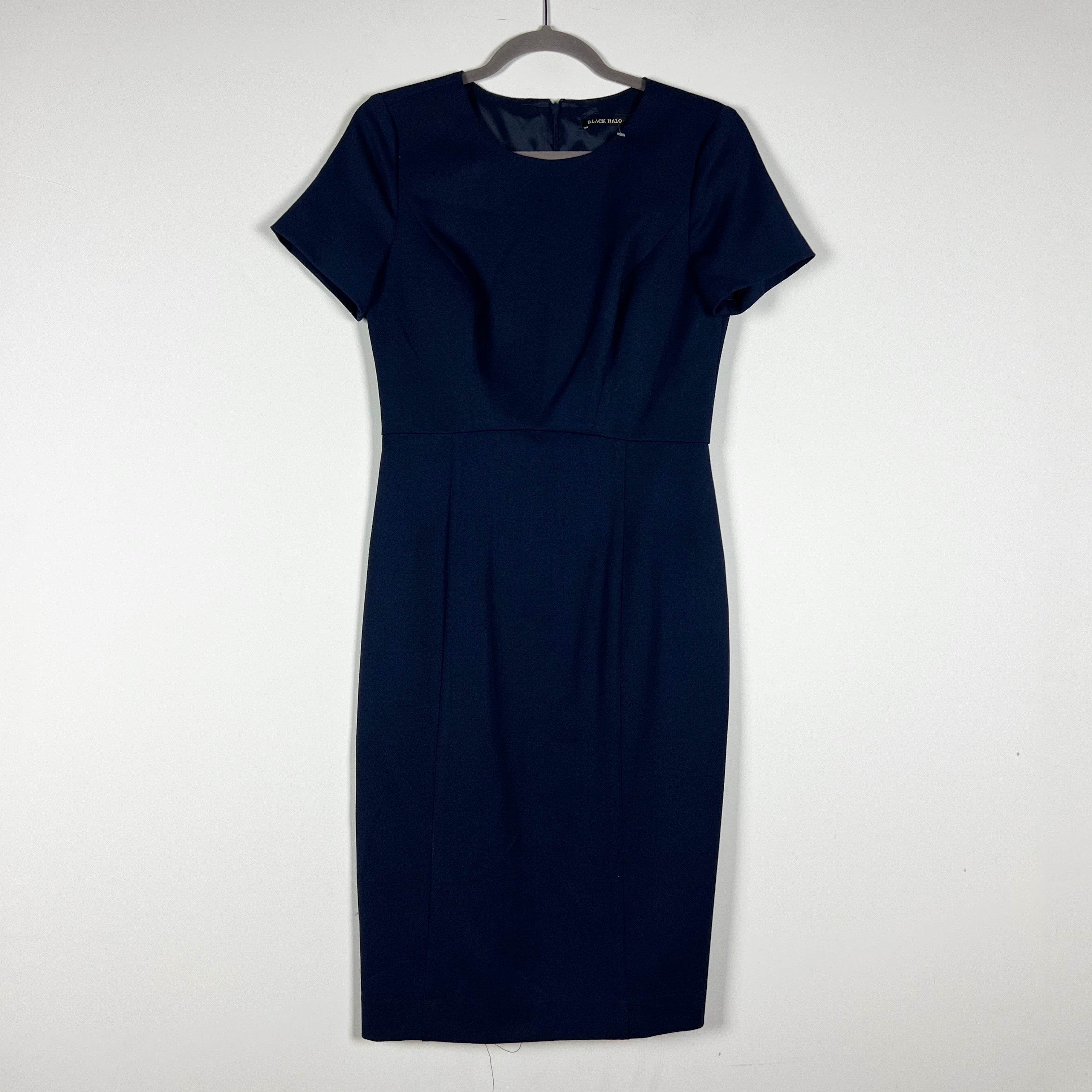 Black Halo Cotton Stretch Scoop Neck Short Sleeve Semi Pleated Sheath Dress Blue