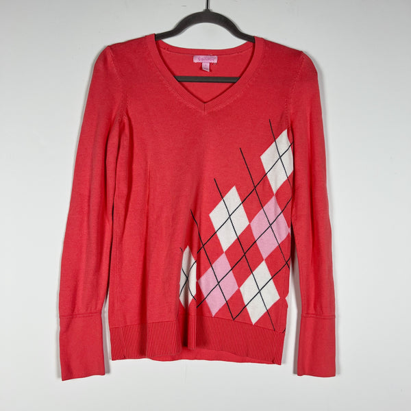Lilly Pulitzer Cotton Knit V Neck Pullover Argyle Print Pattern Sweater Small