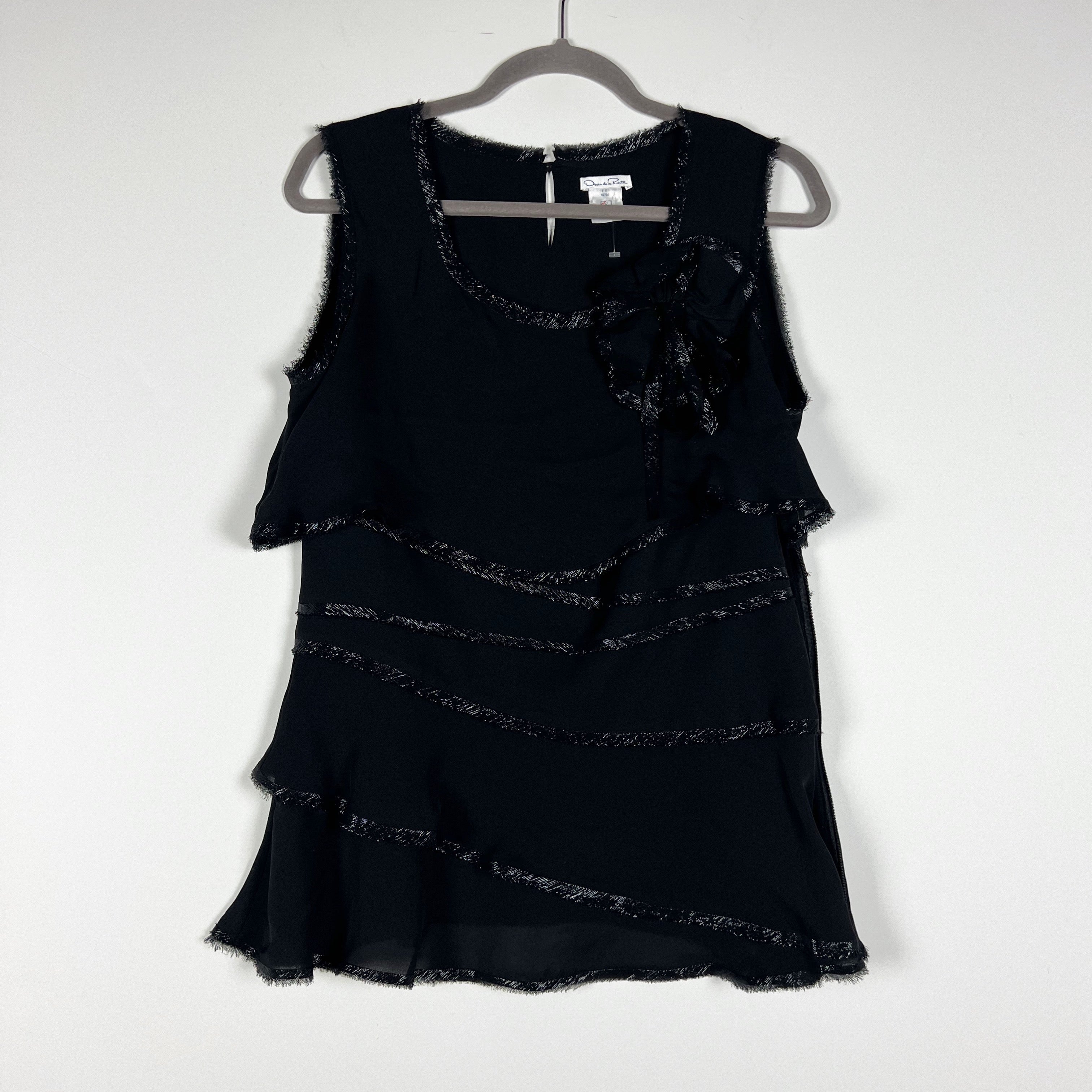 Oscar De La Renta Silk Chiffon Metallic Sparkle Trim Ruffle Edge Tank Blouse 12