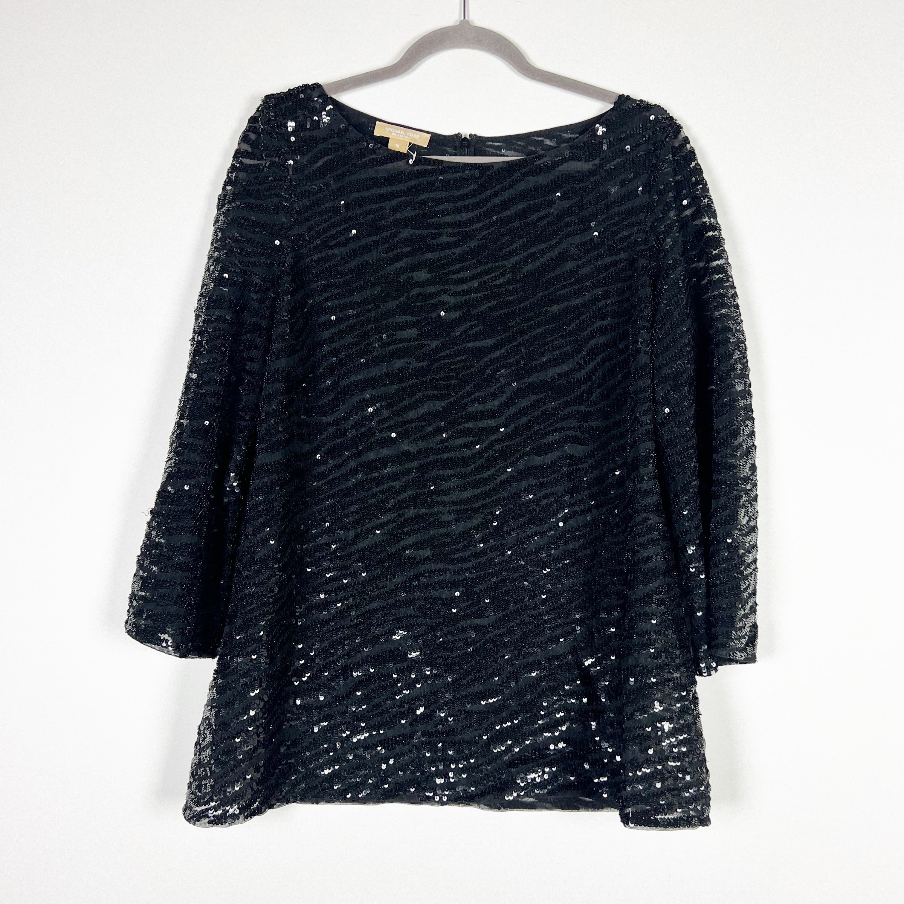 Michael Kors Collection Zebra Sequined Stretch Tulle Semi Sheer Tunic Blouse 12