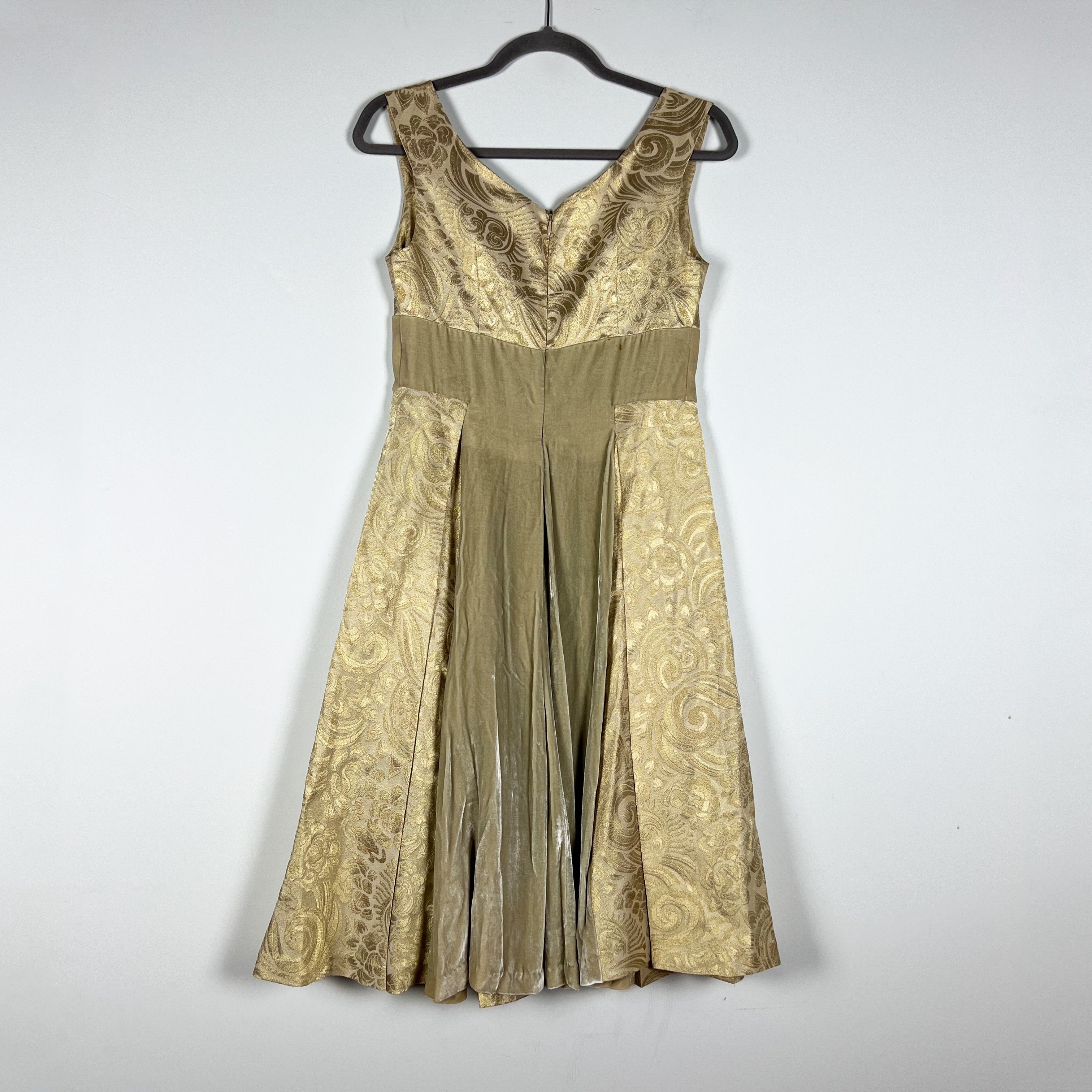 Vivienne Tam Silk Blend Gold Metallic Print Pattern Velvet Waist Fit Flare Dress