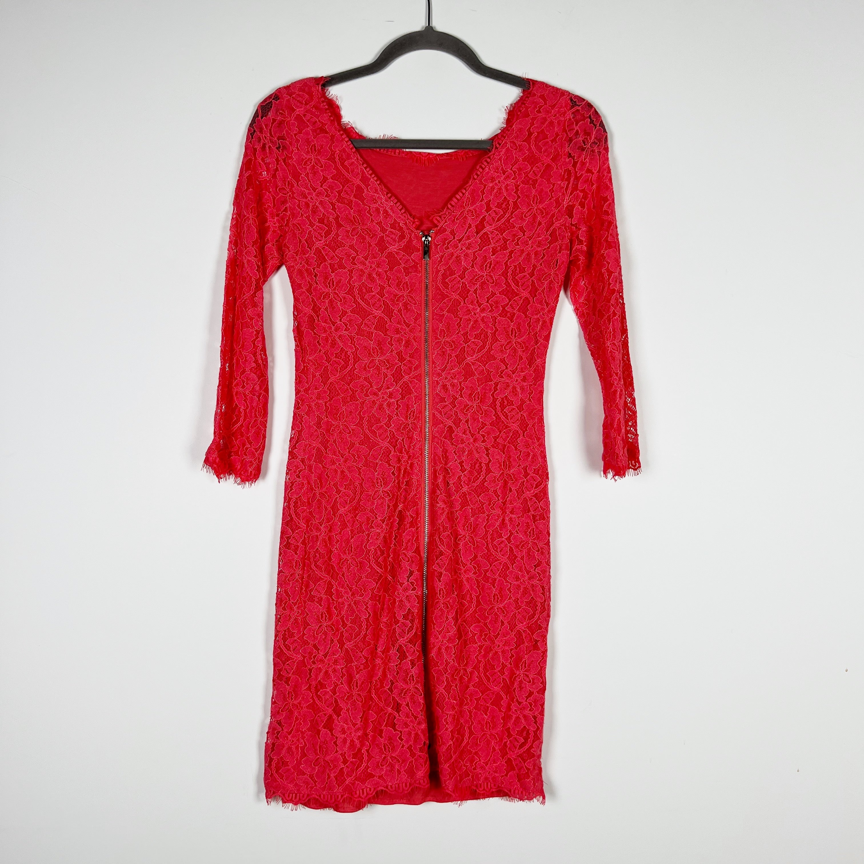 Diane Von Furstenberg Allover Lace Quarter Sleeve Sheath Mini Dress Orange 4
