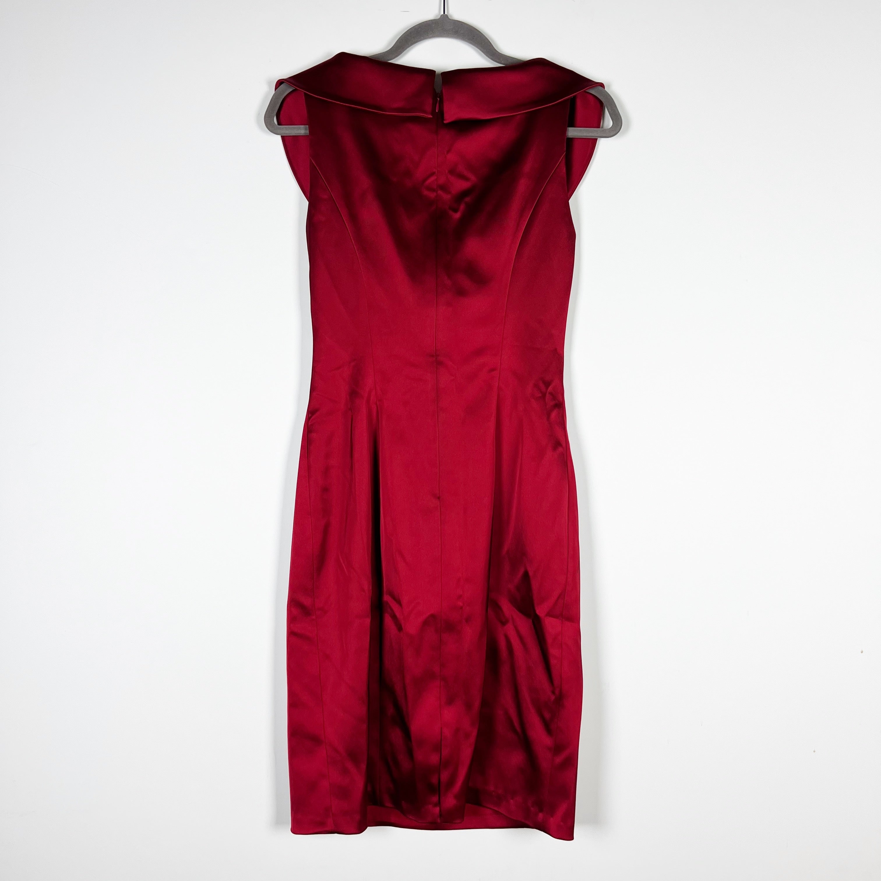 NEW Kay Unger Ruched Pleated Satin Foldover Shawl Collar Sleeveless Sheath Dress