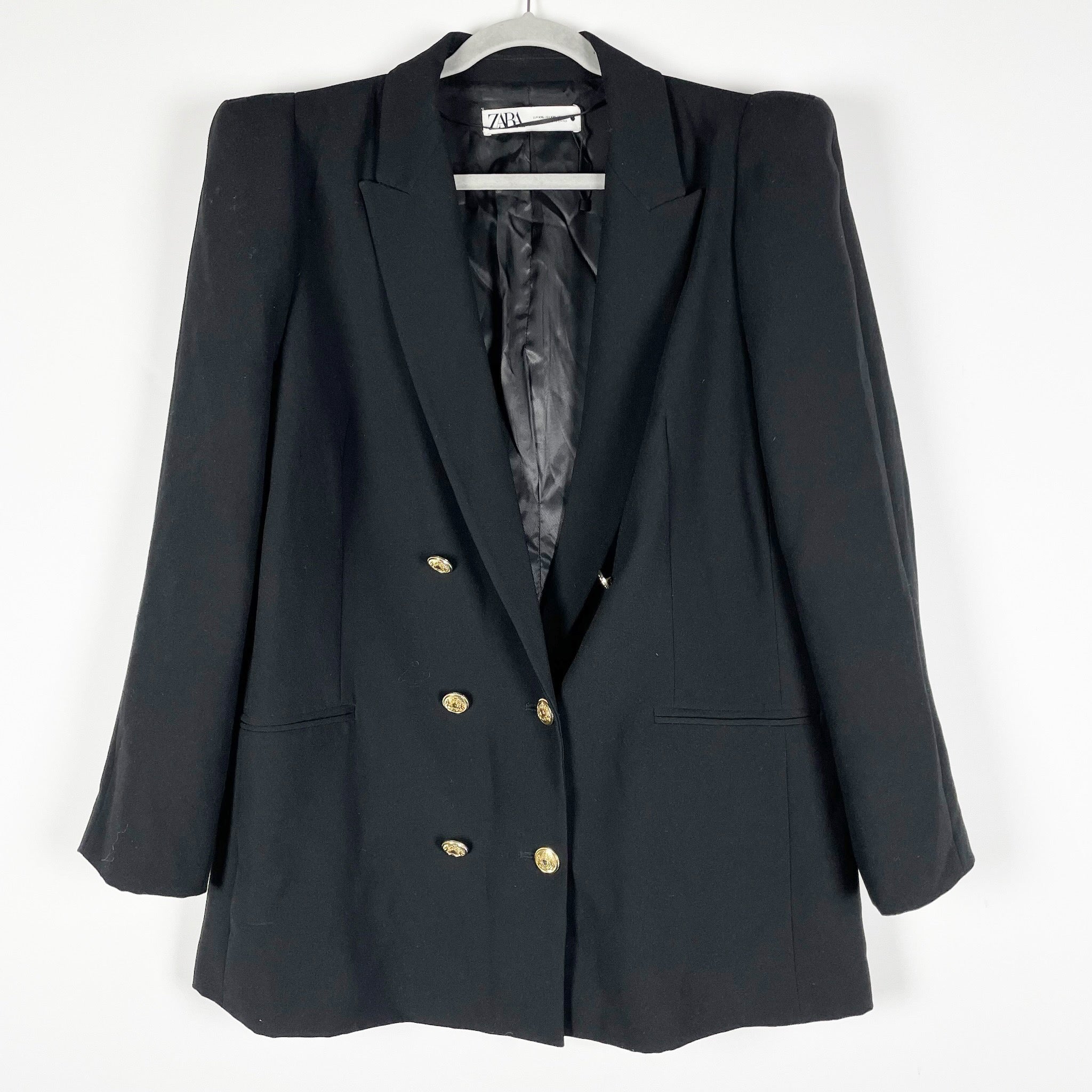 Zara Crepe Structured Shoulder Pad Lapel Double Breasted Blazer Jacket Black XXL