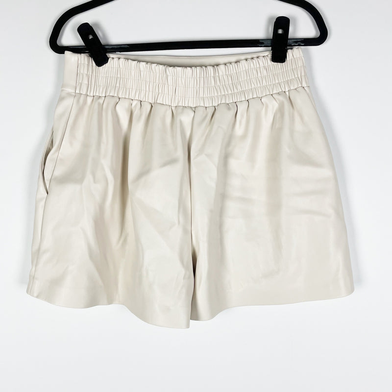 NEW Susana Monaco Faux Vegan Leather Pleated Pull On Mini Shorts Blanched Almond