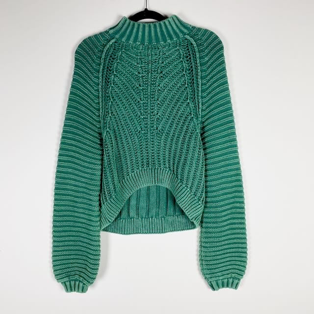Free People Sweetheart Cotton Chunky Knit Cotton Mock Neck Sweater Botany Green