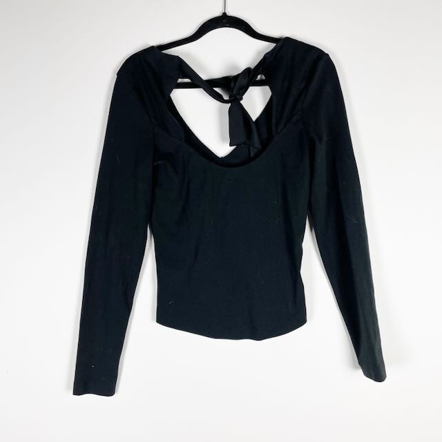 Free People Women's Cotton Blend V Neck Tie Back Long Sleeve Tee Shirt Top Black