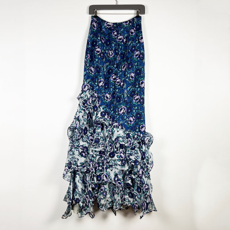 Amur Ira Silk Chiffon Asymmetrical Ruffle Azure Mint Floral Flower Print Skirt 4