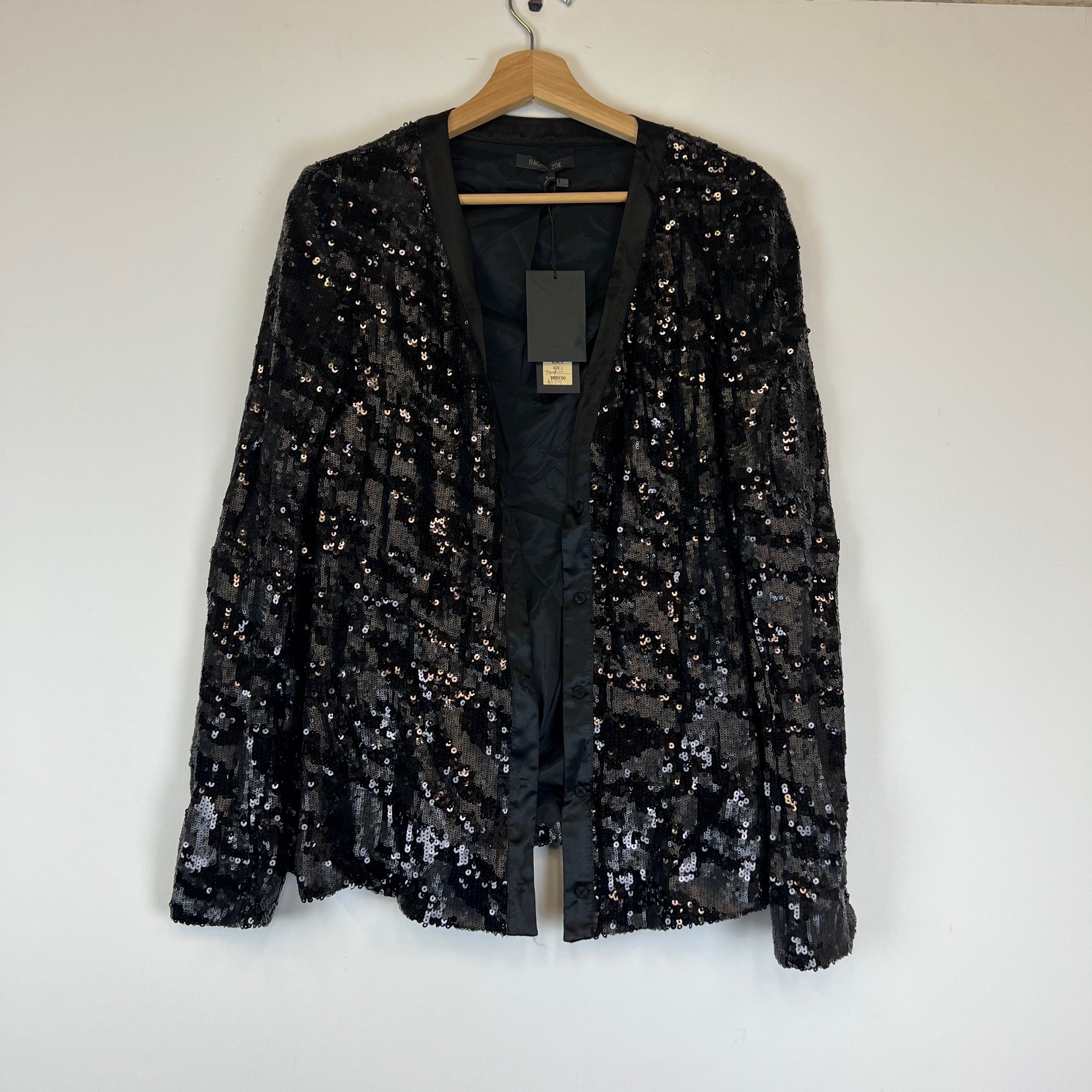 NEW Rachel Zoe SP12J11 Allover Sequin Sparkle Embellished Snap Button Jacket L