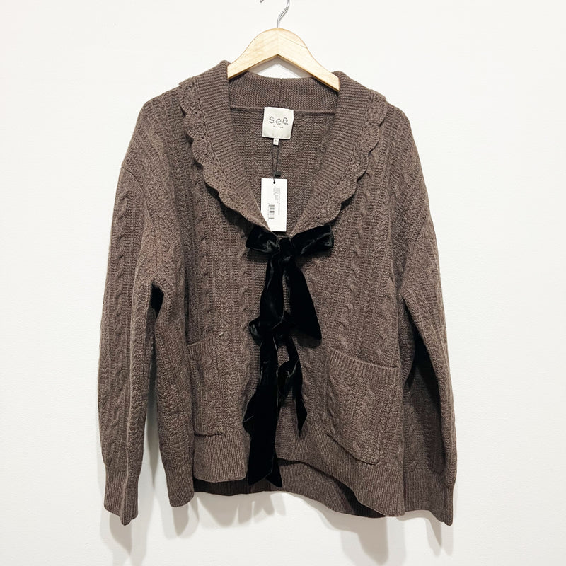 NEW Sea New York Mariella Wool Blend Silk Trim Knit Long Sleeve Cardigan Moss XL